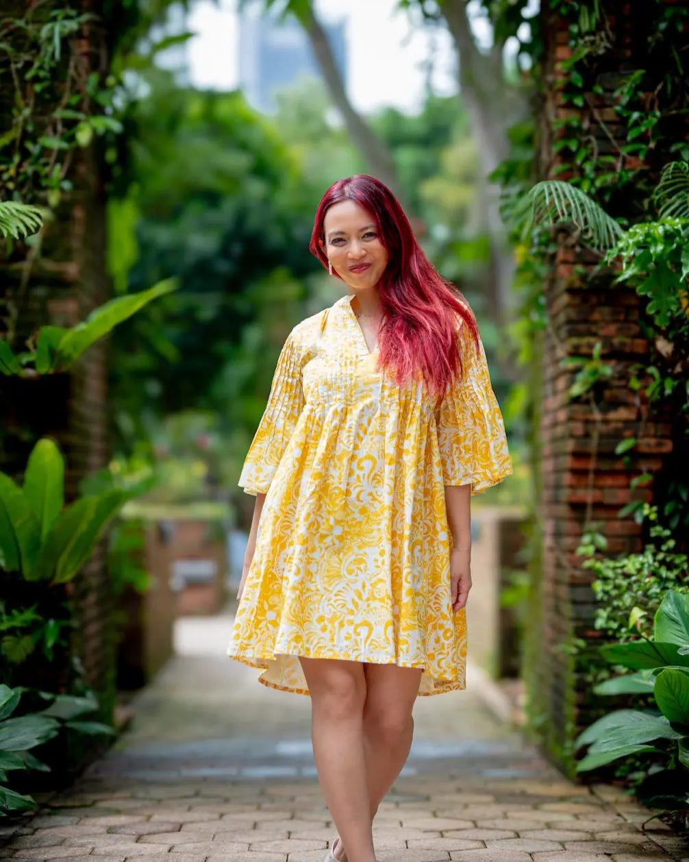 Kyra Breezy Womens Pintuck Dress in Nimbu Yellow Nimbu