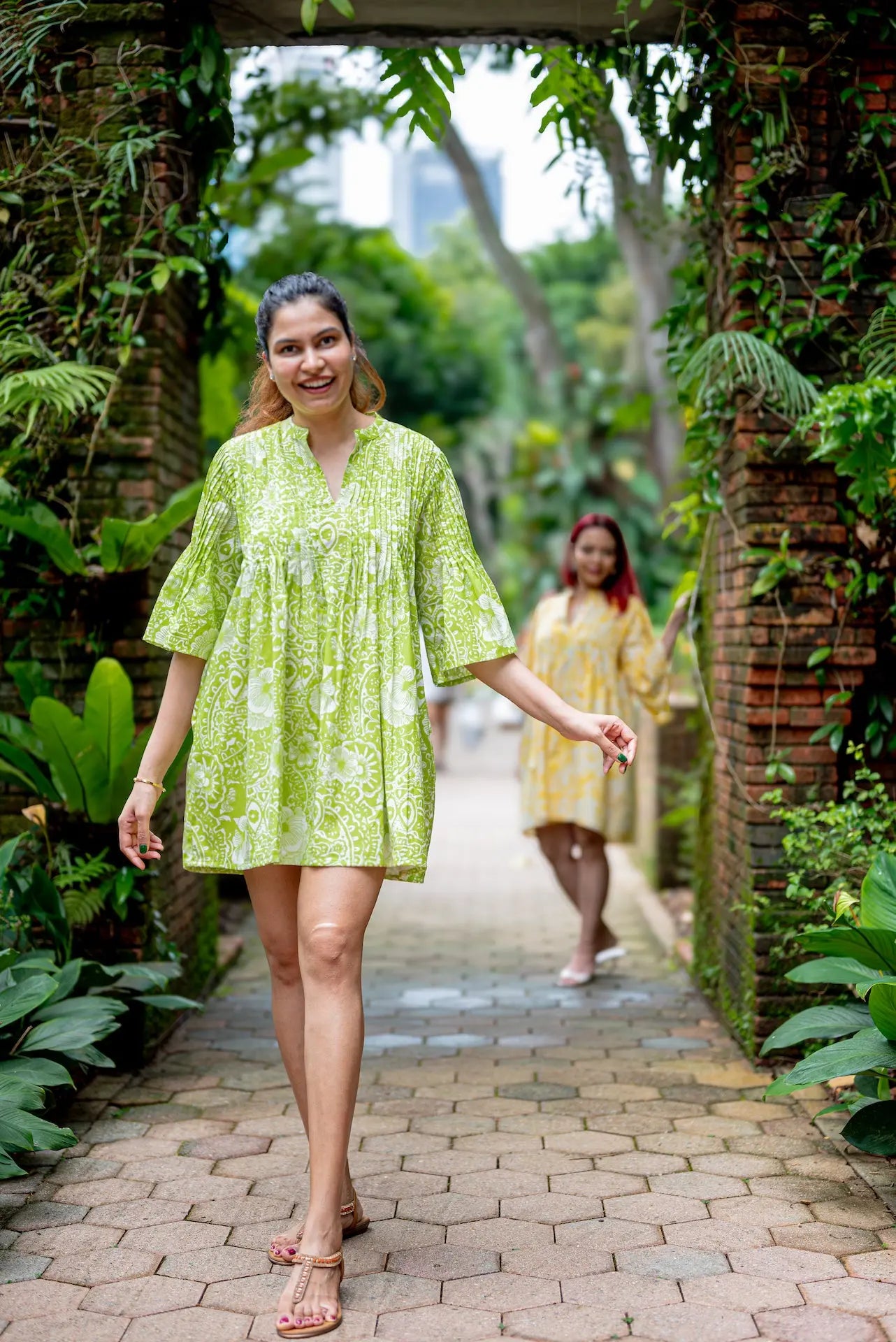 Kyra Breezy Pintuck Dress in Lime Green Nimbu