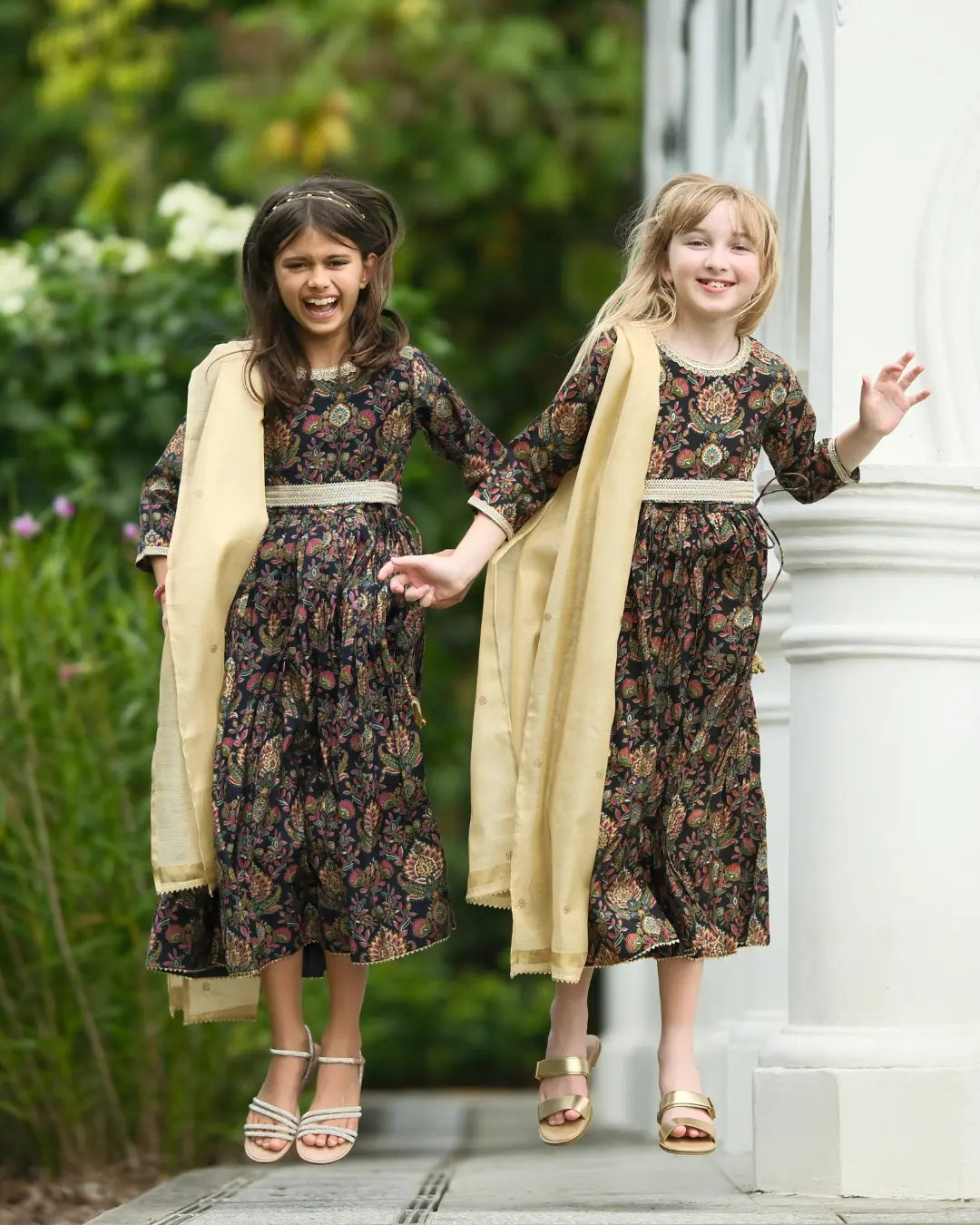 Nama Girls Black Anarkali Gown Dress in Pink & Red Nimbu