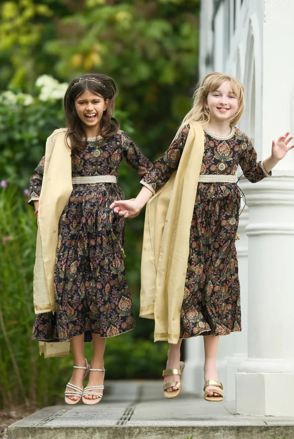 Nama Girls Black Anarkali Gown Dress in Pink & Red Nimbu