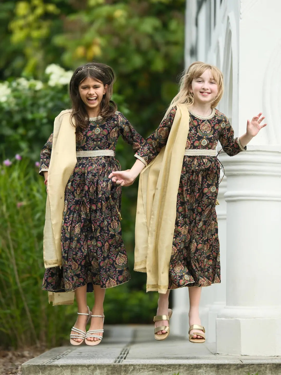 Nama Girls Black Anarkali Gown Dress in Pink & Red Nimbu