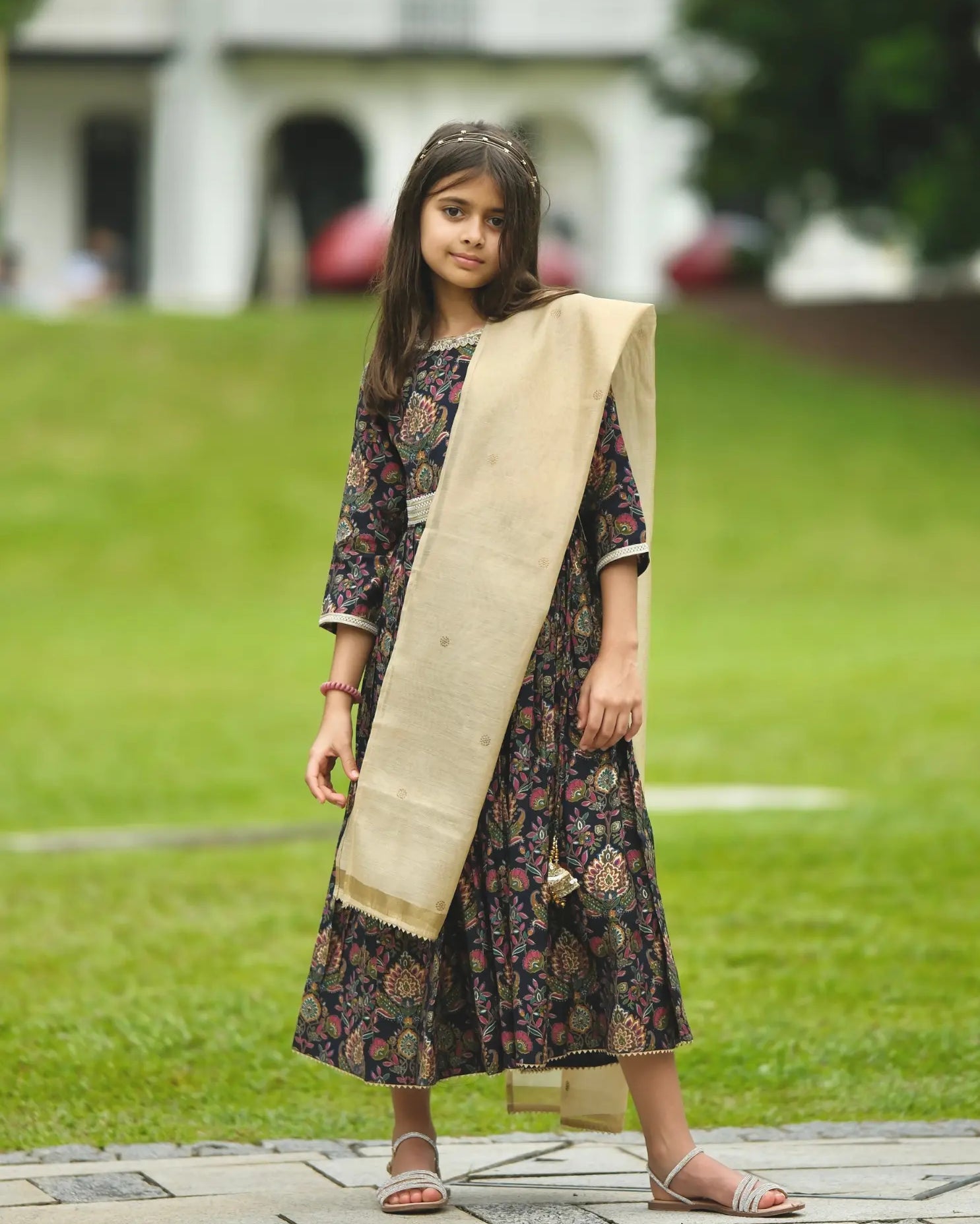 Nama Girls Black Anarkali Gown Dress in Pink & Red Nimbu