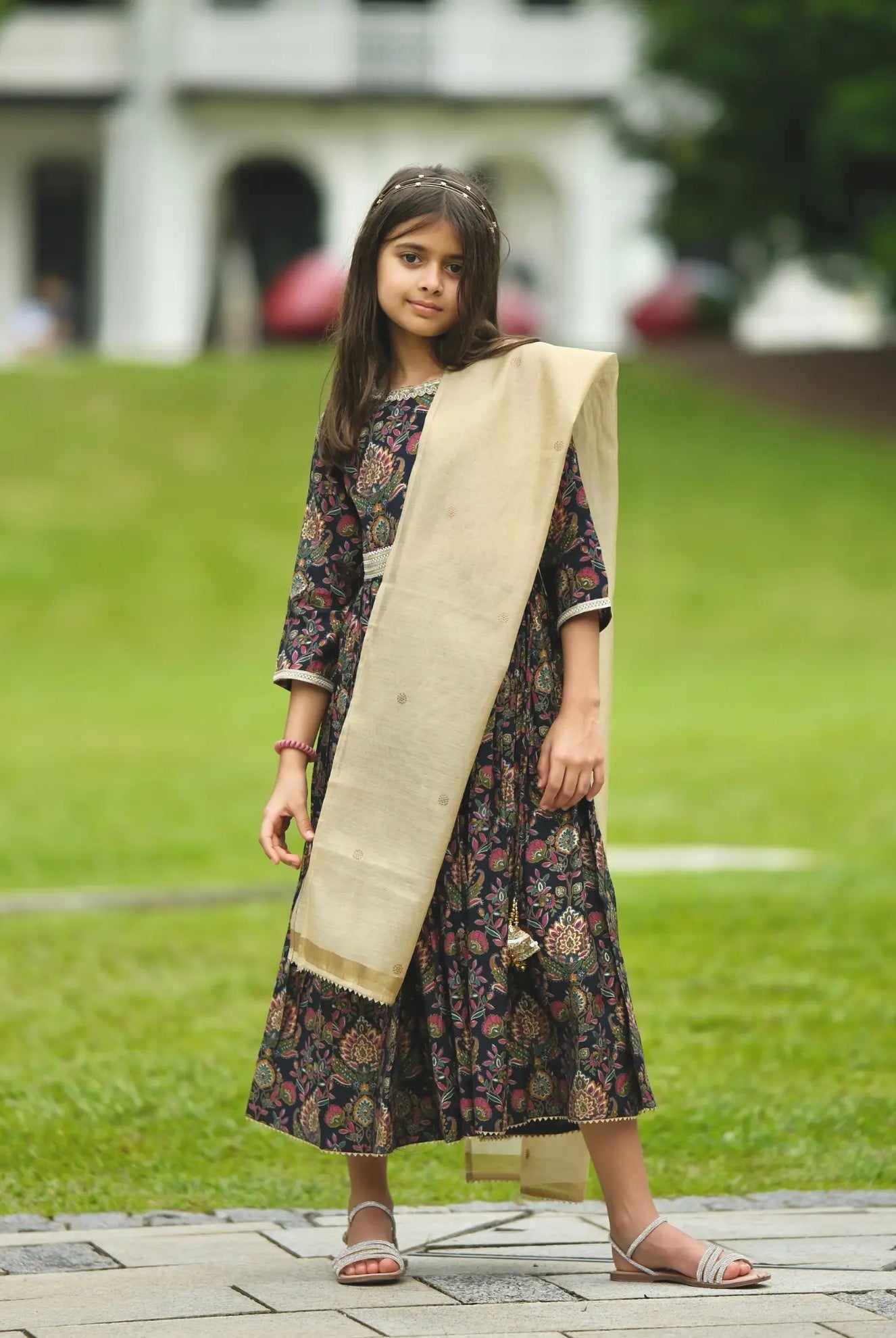 Nama Girls Black Anarkali Gown Dress in Pink & Red Nimbu