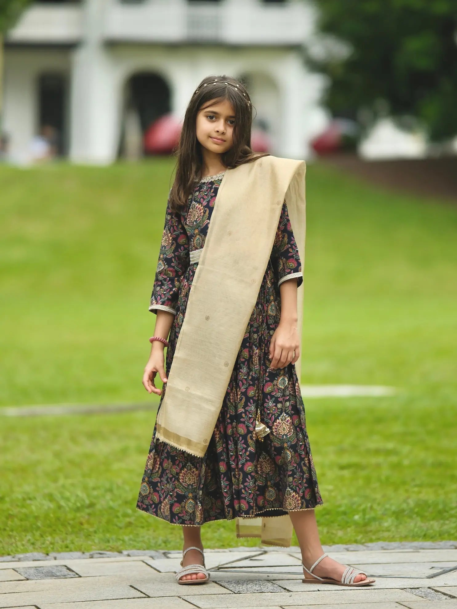 Nama Girls Black Anarkali Gown Dress in Pink & Red Nimbu