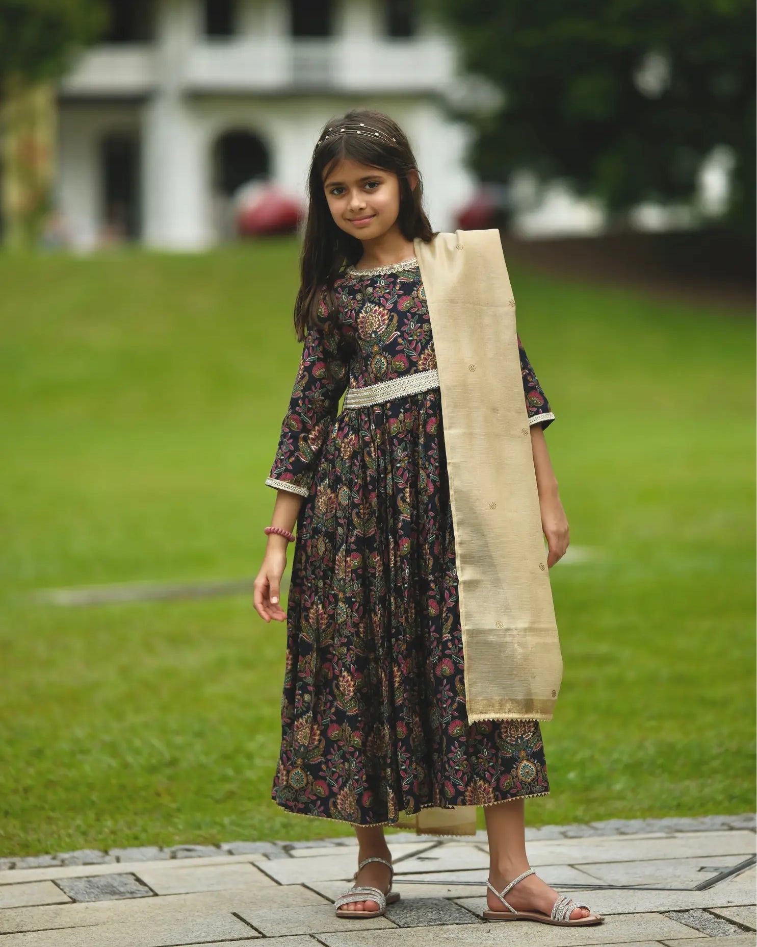 Nama Girls Black Anarkali Gown Dress in Pink & Red Nimbu