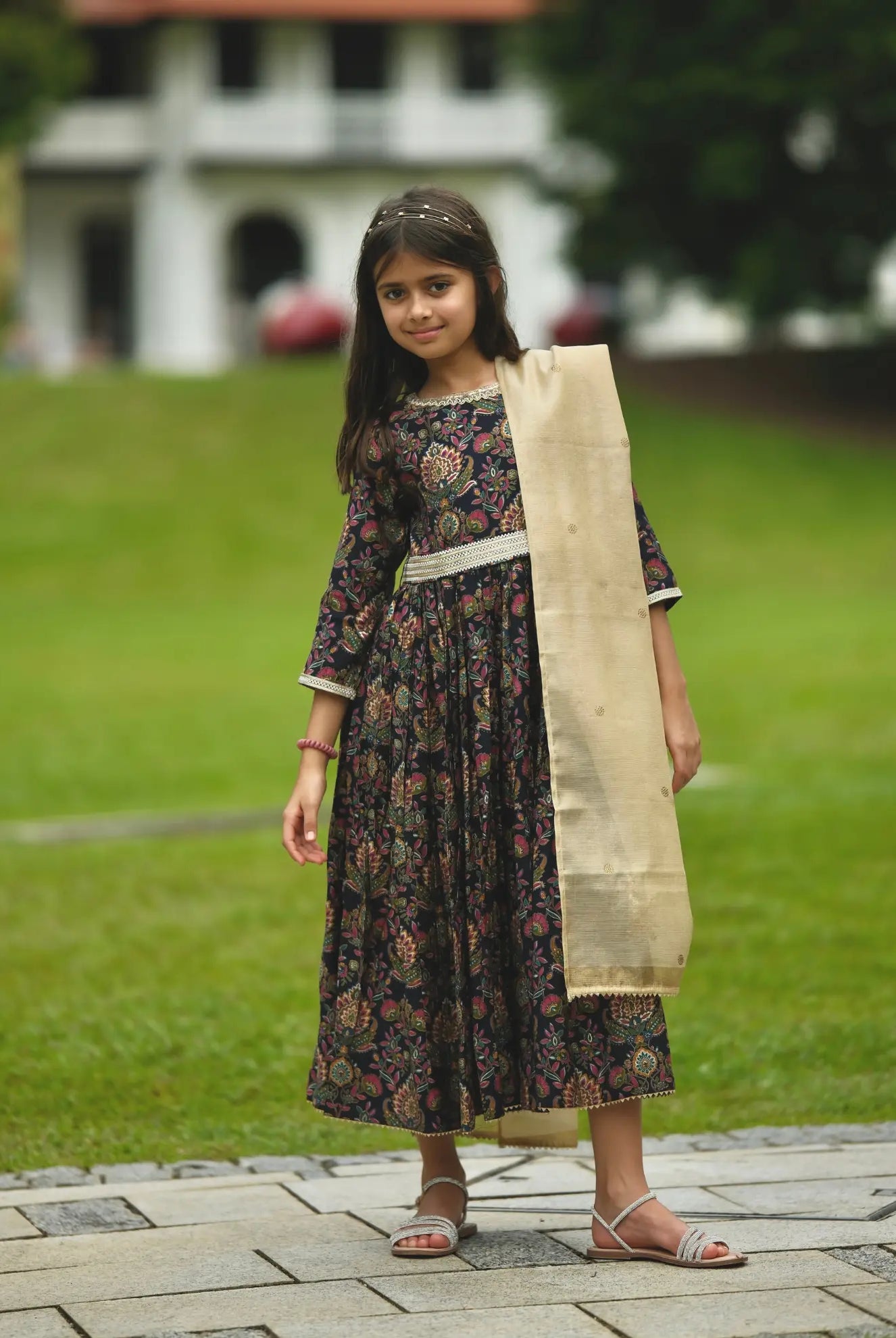 Nama Girls Black Anarkali Gown Dress in Pink & Red Nimbu