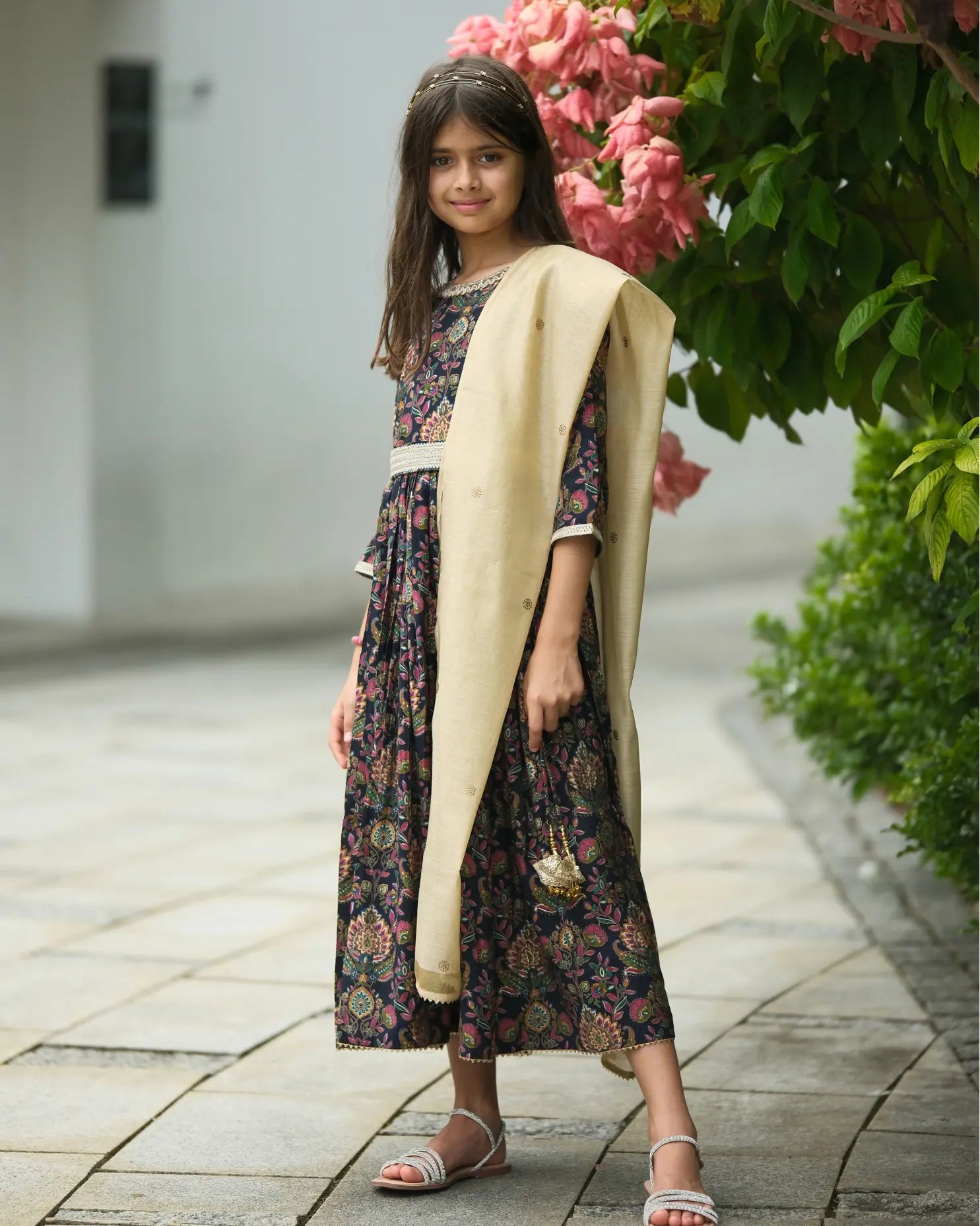 Nama Girls Black Anarkali Gown Dress in Pink & Red Nimbu