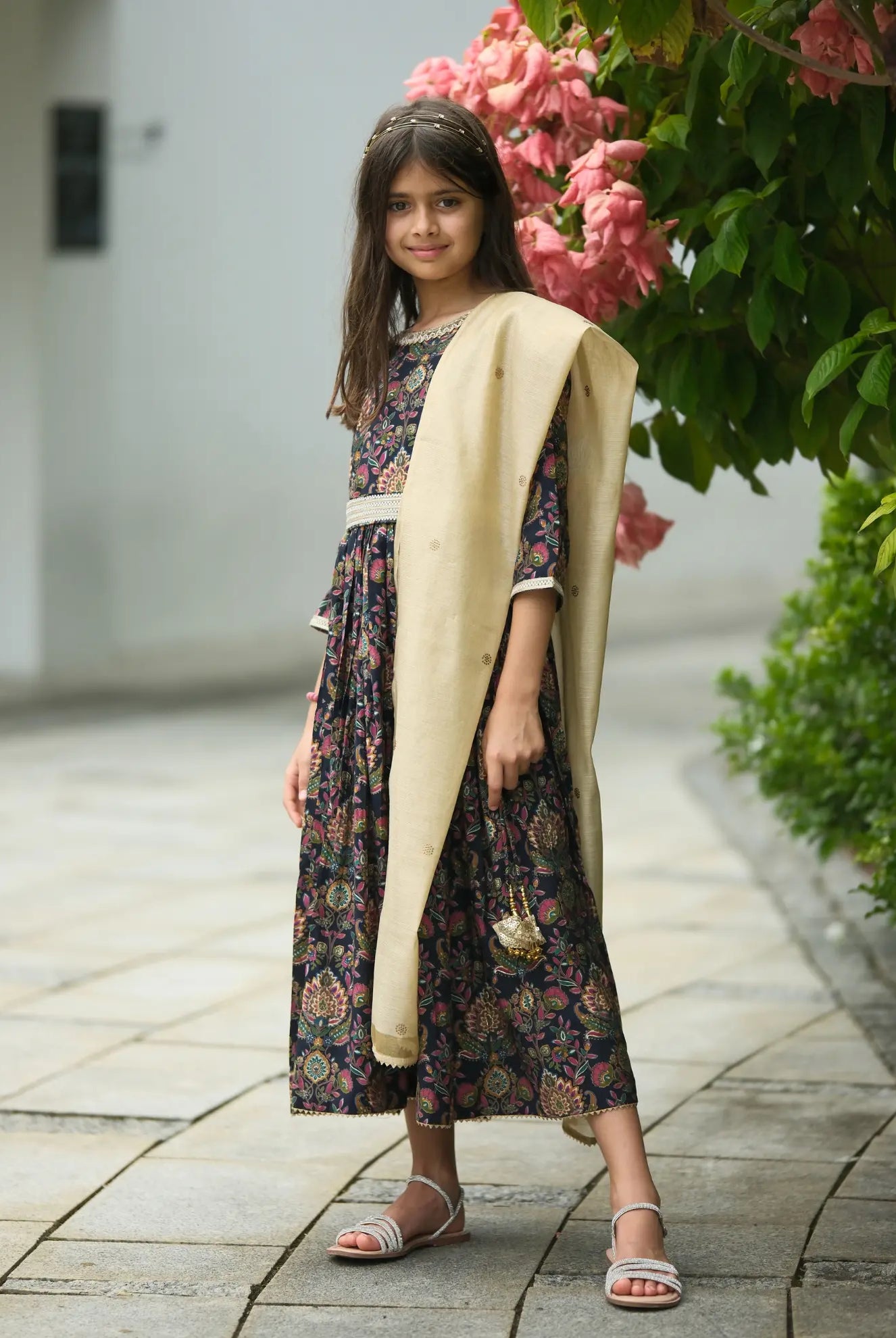 Nama Girls Black Anarkali Gown Dress in Pink & Red Nimbu