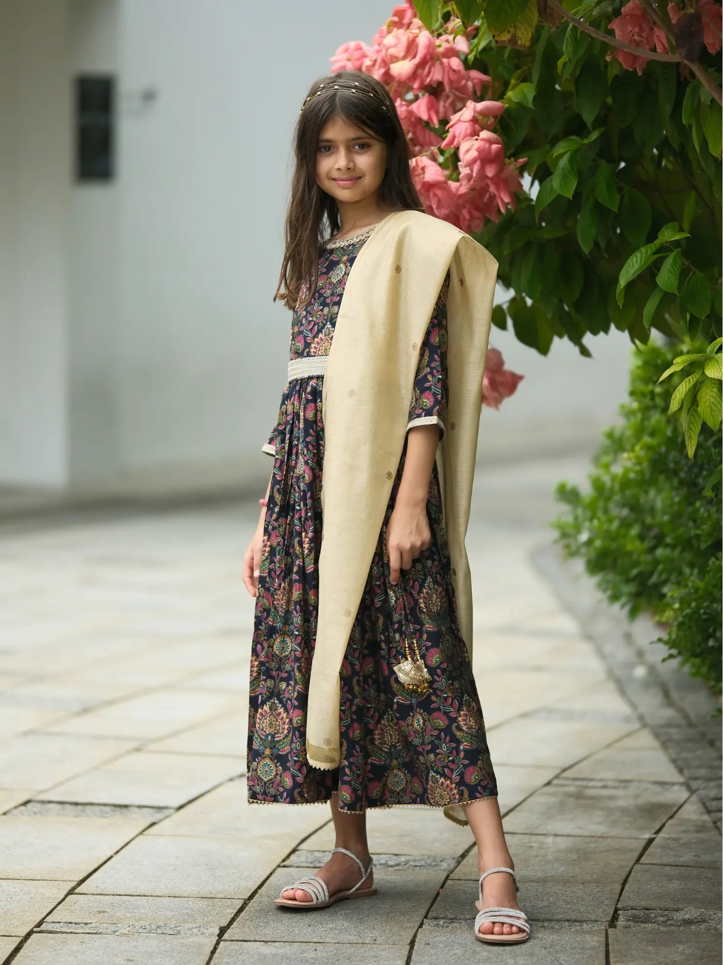 Nama Girls Black Anarkali Gown Dress in Pink & Red Nimbu