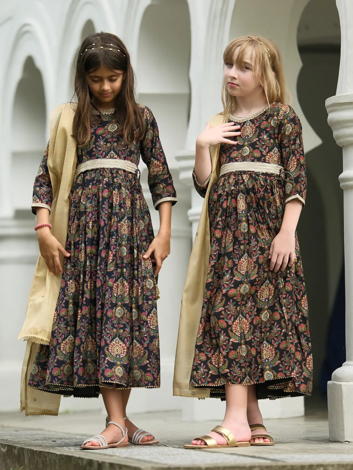 Nama Girls Black Anarkali Gown Dress in Pink & Red Nimbu