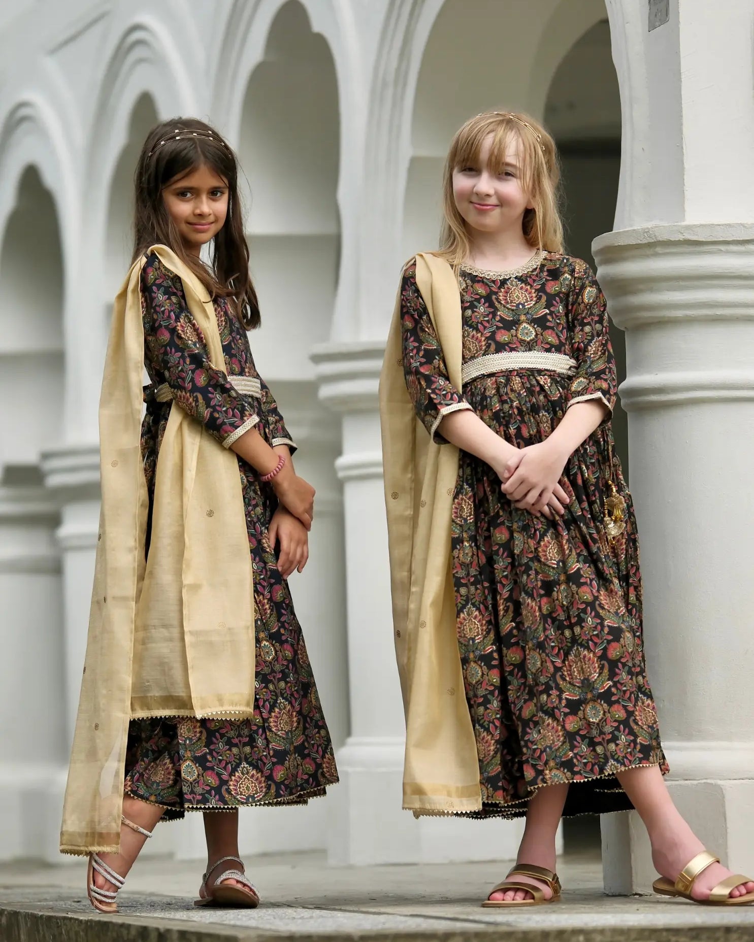 Nama Girls Black Anarkali Gown Dress in Pink & Red Nimbu