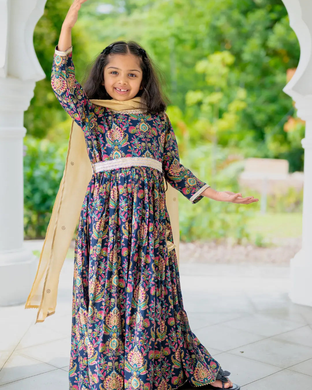 Nama Girls Black Anarkali Gown Dress in Pink & Red Nimbu