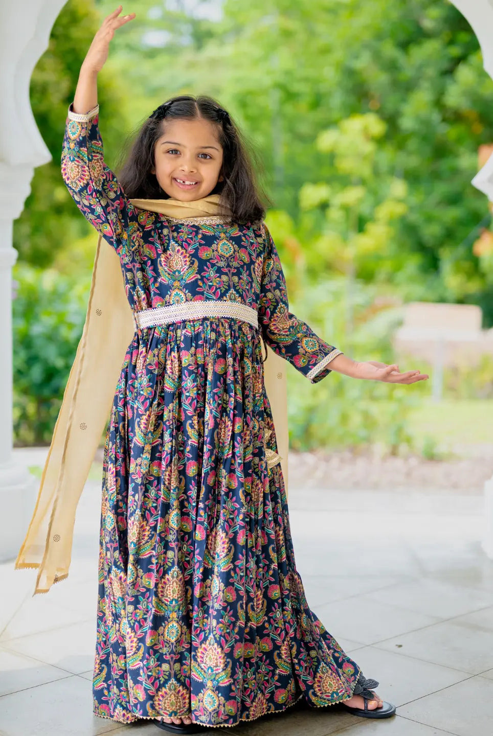 Nama Girls Black Anarkali Gown Dress in Pink & Red Nimbu