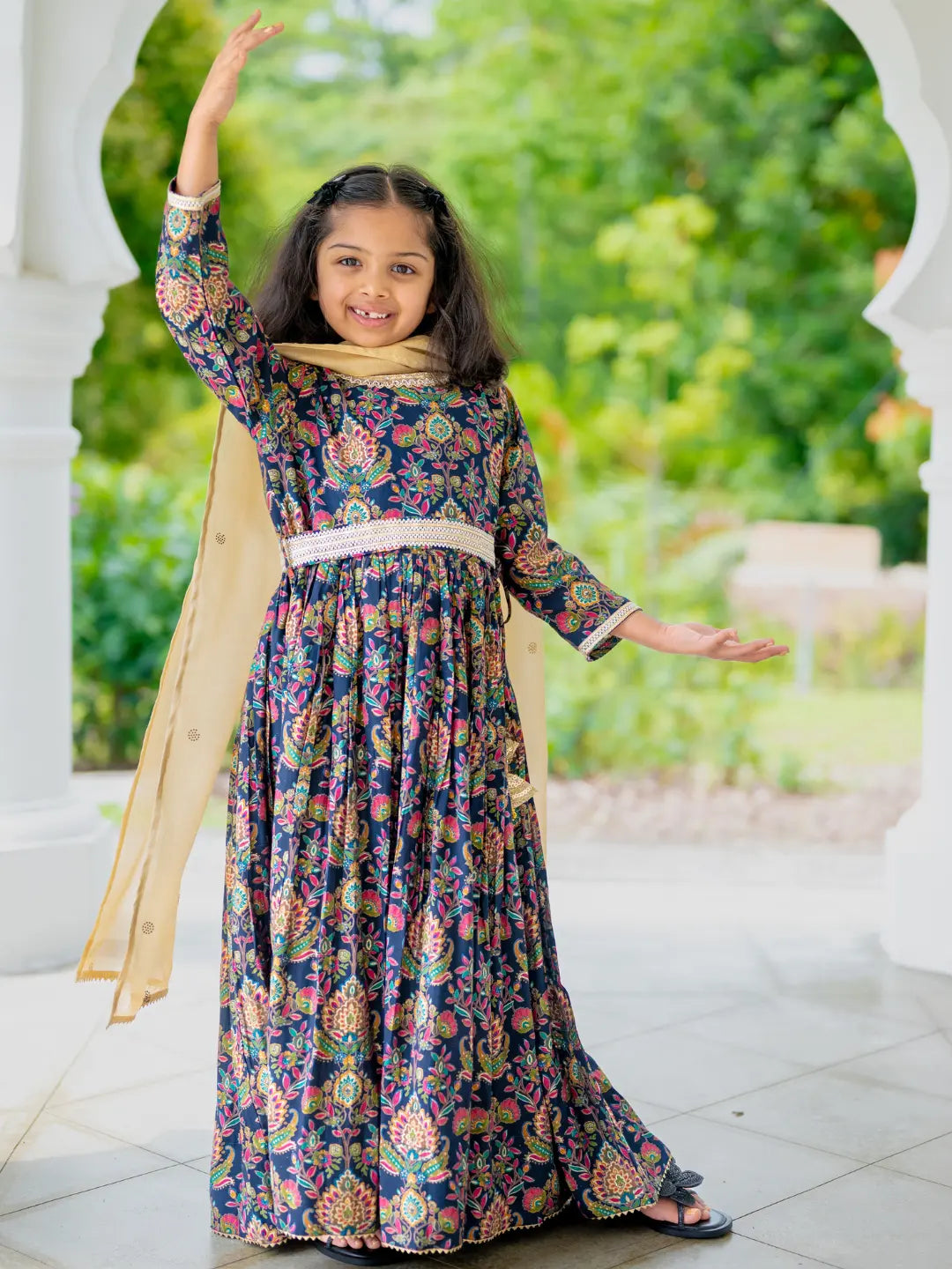 Nama Girls Black Anarkali Gown Dress in Pink & Red Nimbu