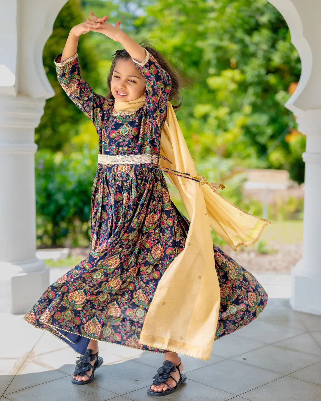 Nama Girls Black Anarkali Gown Dress in Pink & Red Nimbu