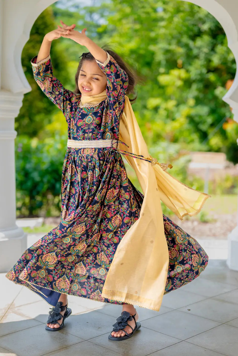 Nama Girls Black Anarkali Gown Dress in Pink & Red Nimbu