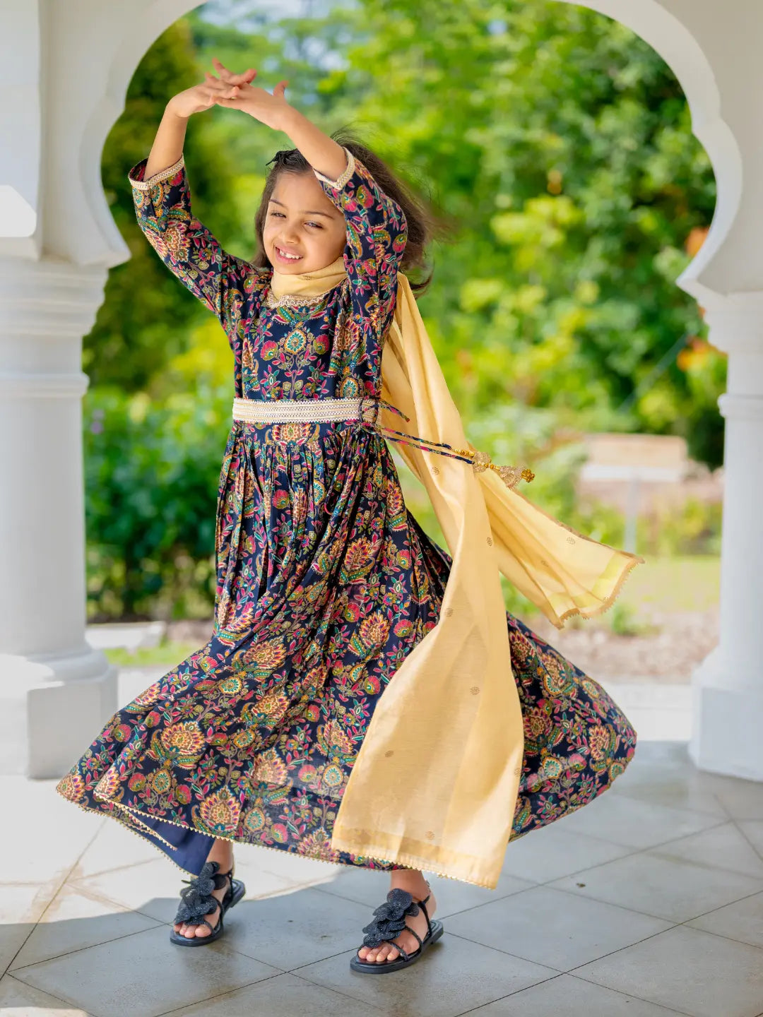 Nama Girls Black Anarkali Gown Dress in Pink & Red Nimbu