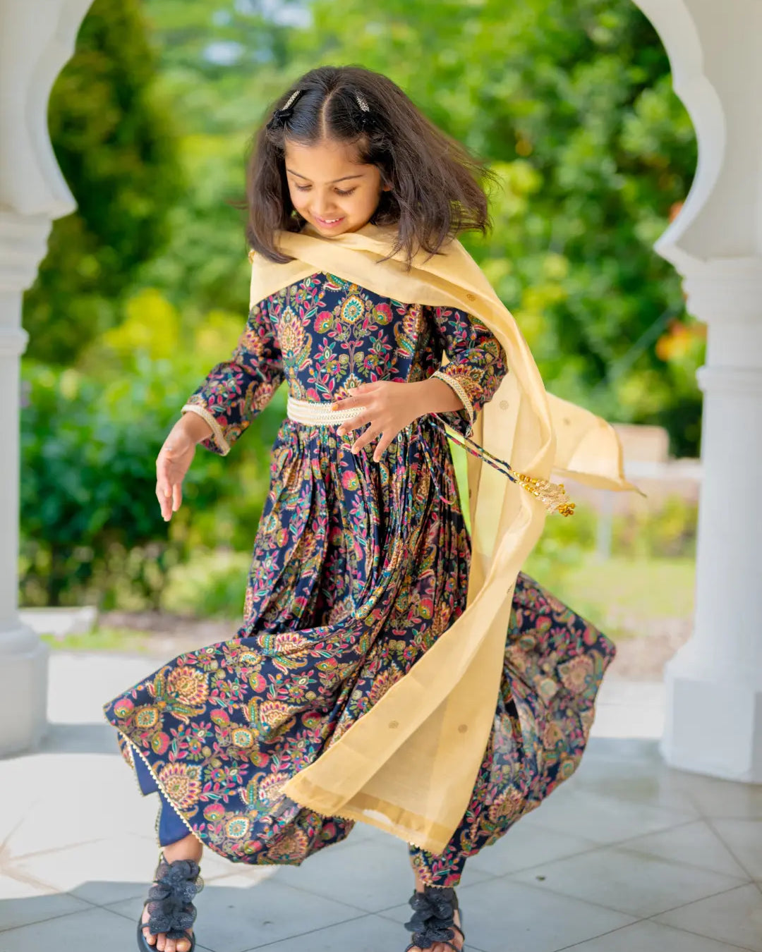 Nama Girls Black Anarkali Gown Dress in Pink & Red Nimbu