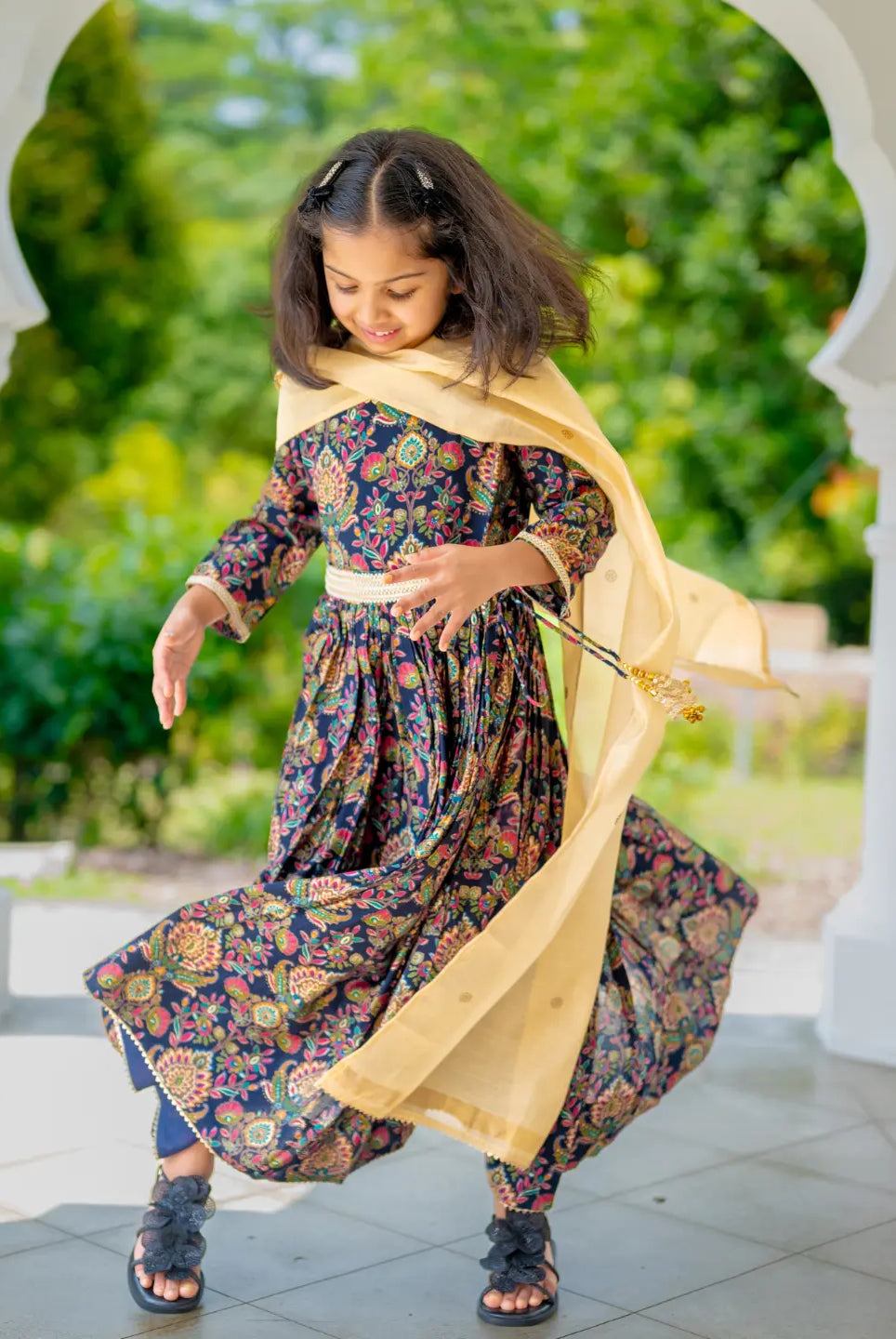 Nama Girls Black Anarkali Gown Dress in Pink & Red Nimbu