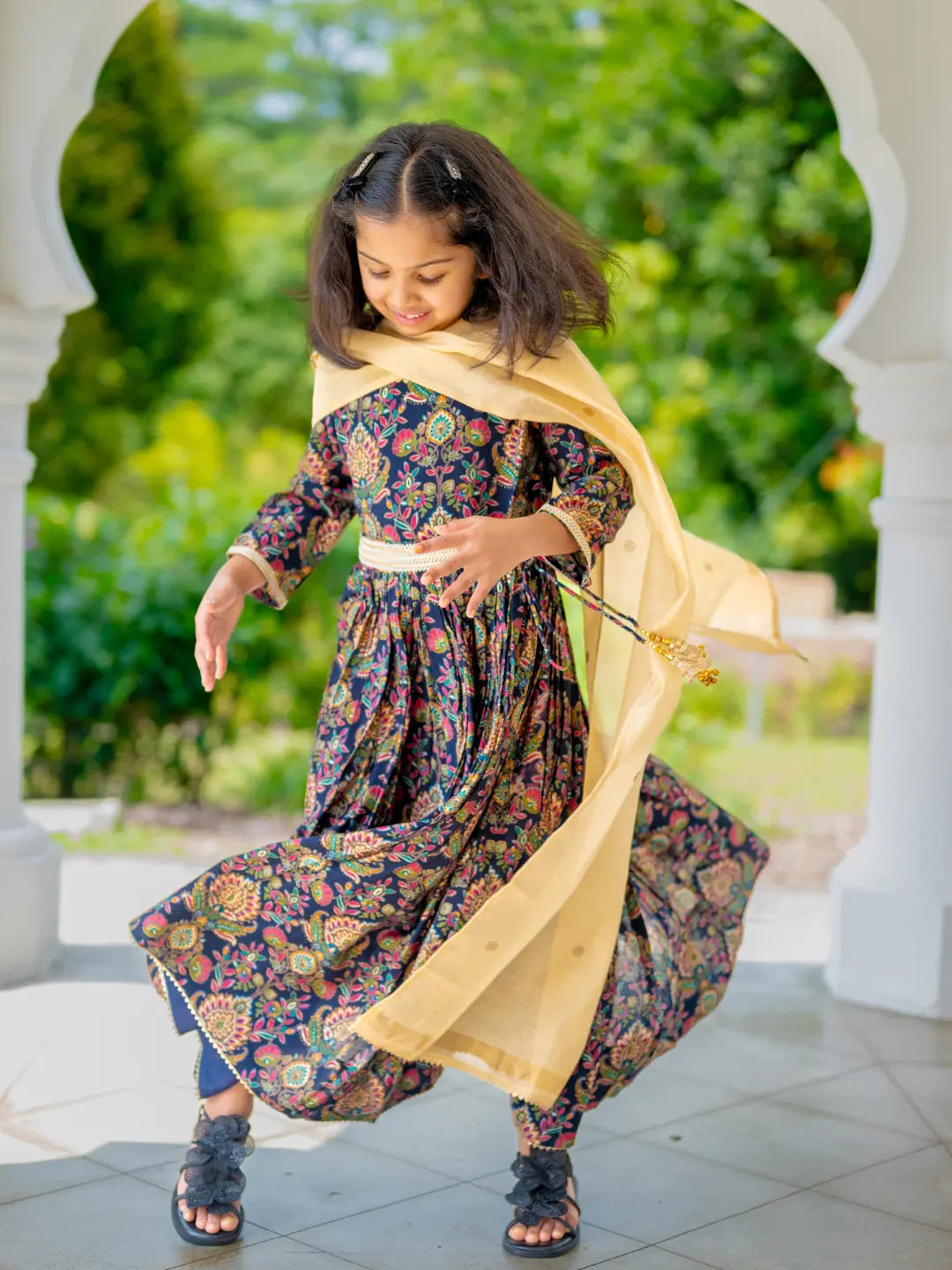 Nama Girls Black Anarkali Gown Dress in Pink & Red Nimbu