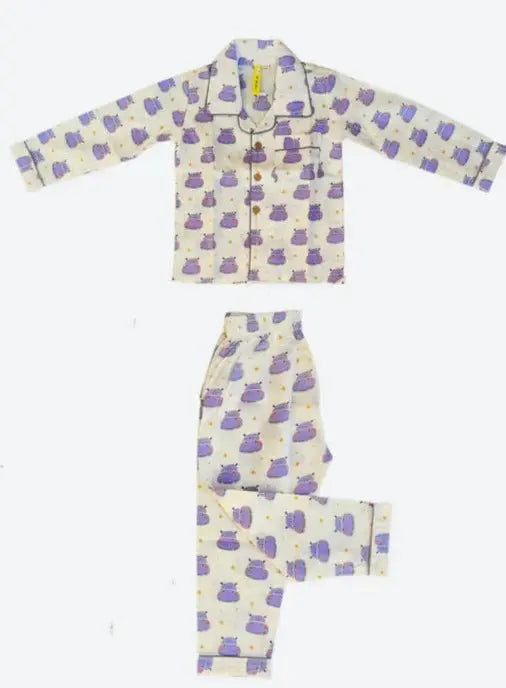 Happy Hippo Cotton PJ Set for Kids Nimbu Kids