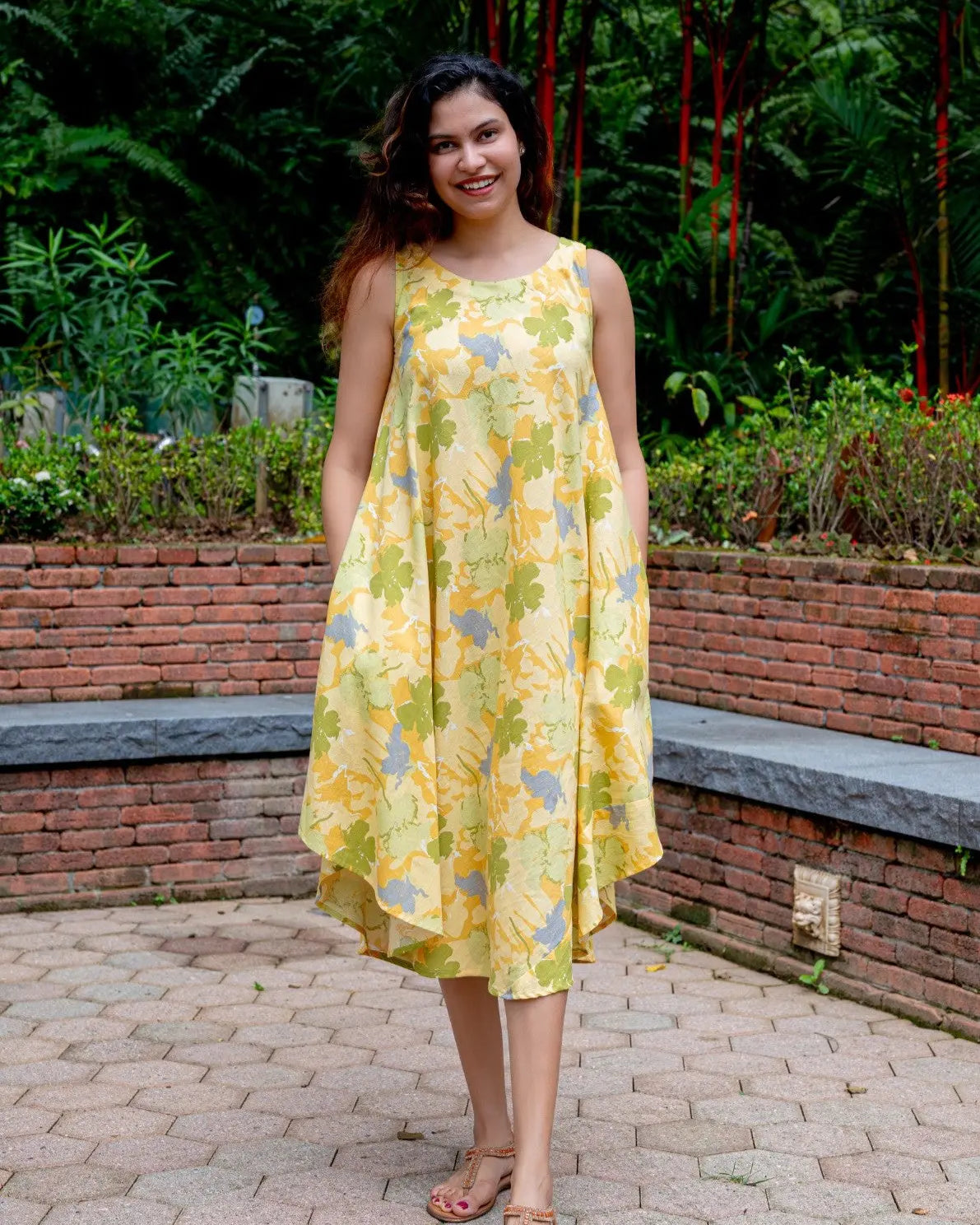 Hanna Yellow Women's U Cut Dress in Flex Cotton Free Size Nimbu