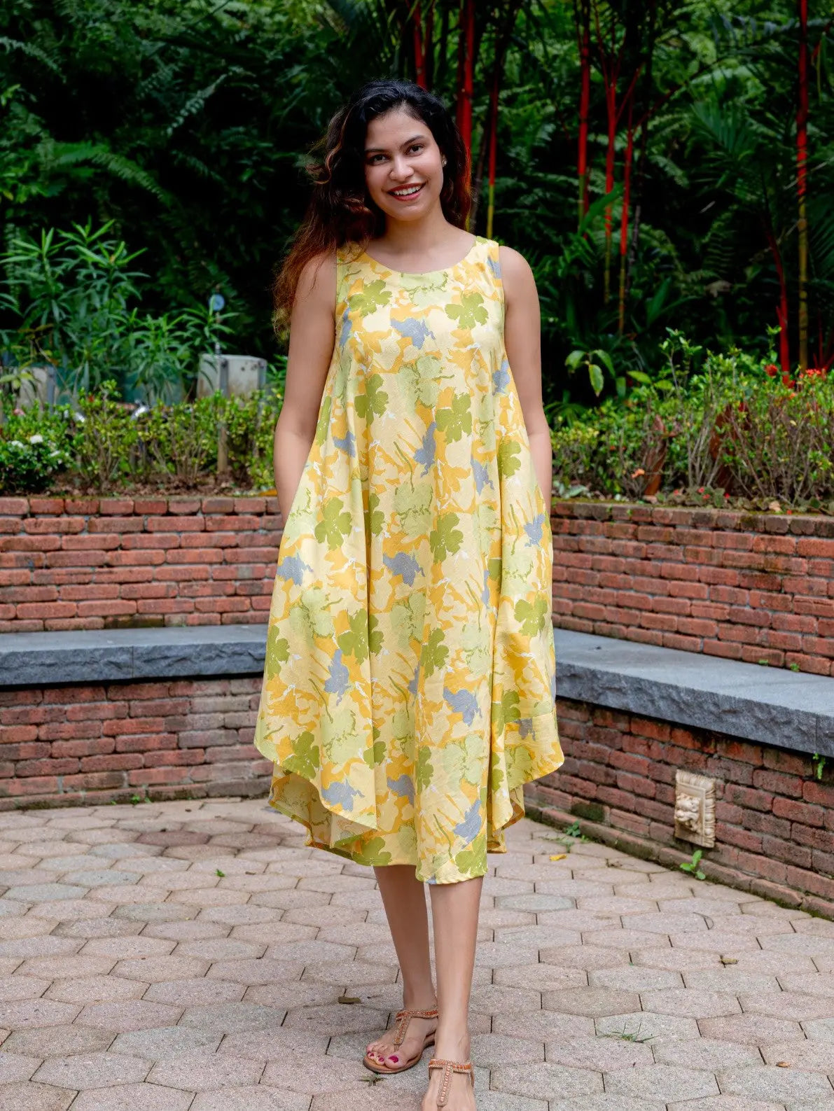 Hanna Yellow Women's U Cut Dress in Flex Cotton Free Size Nimbu