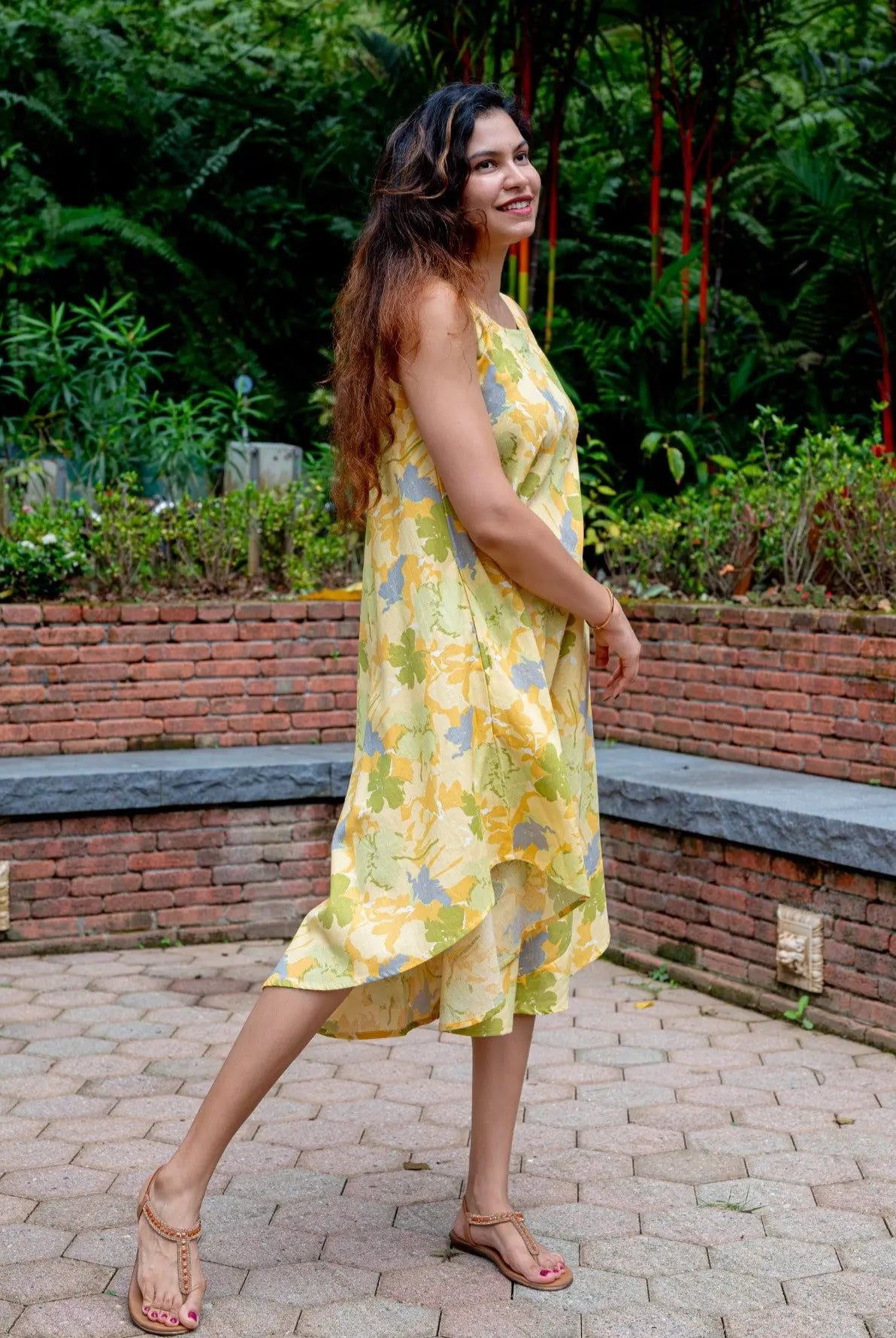 Hanna Yellow Women's U Cut Dress in Flex Cotton Free Size Nimbu