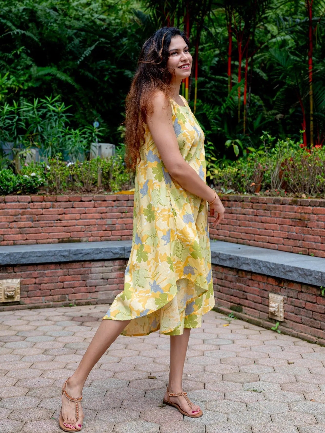 Hanna Yellow Women's U Cut Dress in Flex Cotton Free Size Nimbu