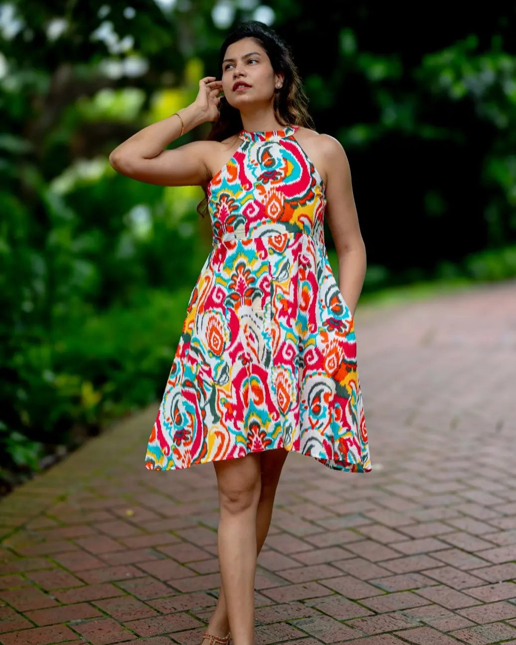 Hawaii Women's Short Halter Dress with Pockets in Multicolor Nimbu