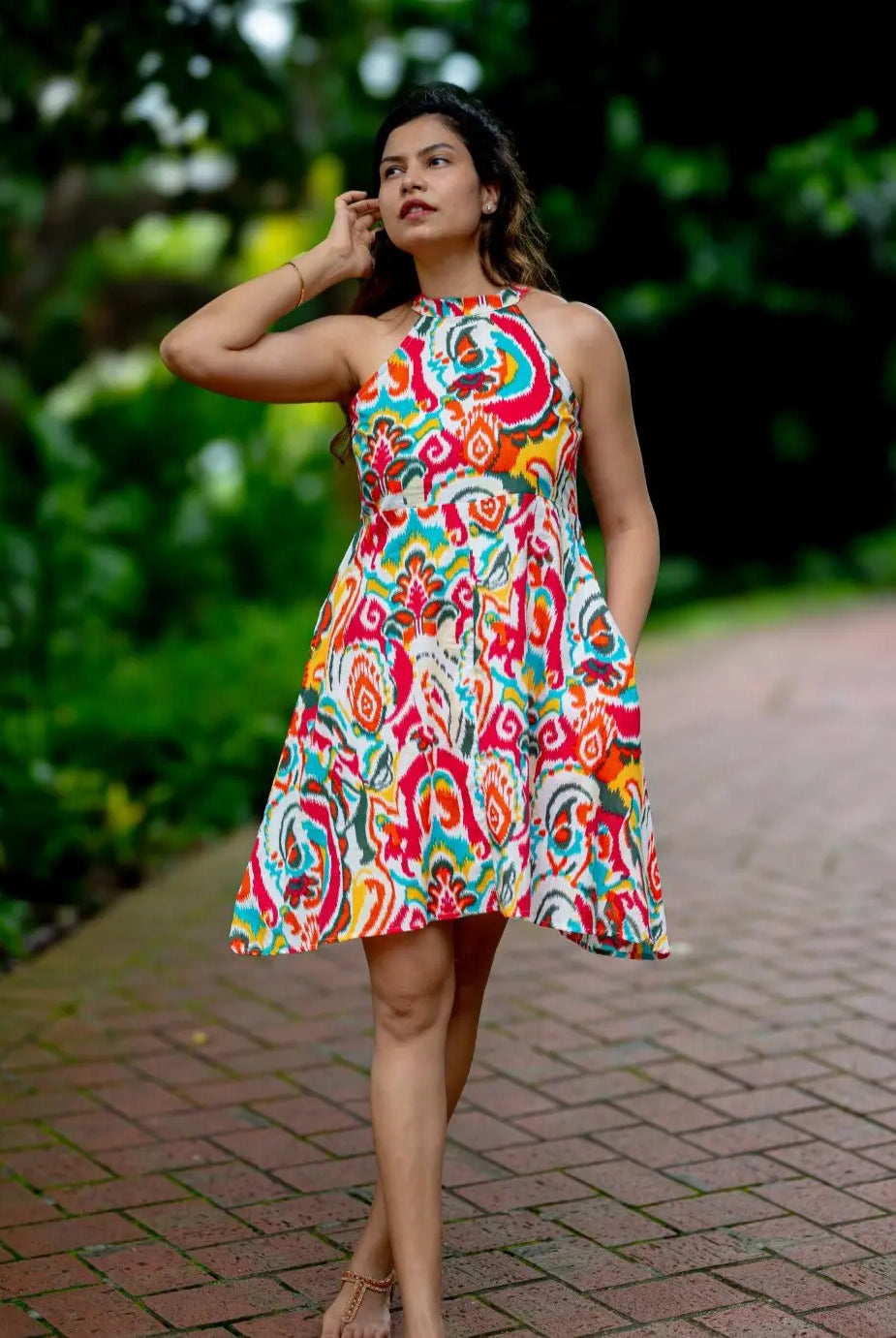 Hawaii Women's Short Halter Dress with Pockets in Multicolor Nimbu