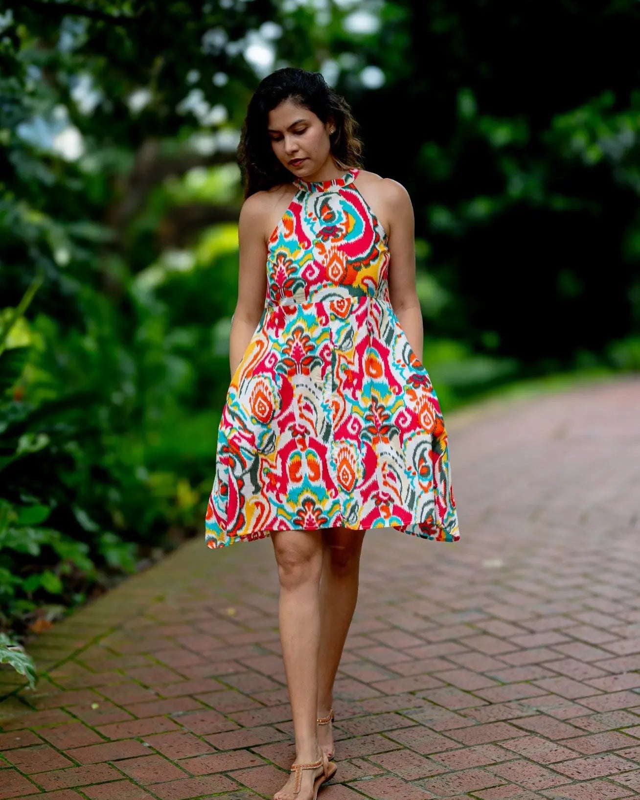 Hawaii Women's Short Halter Dress with Pockets in Multicolor Nimbu