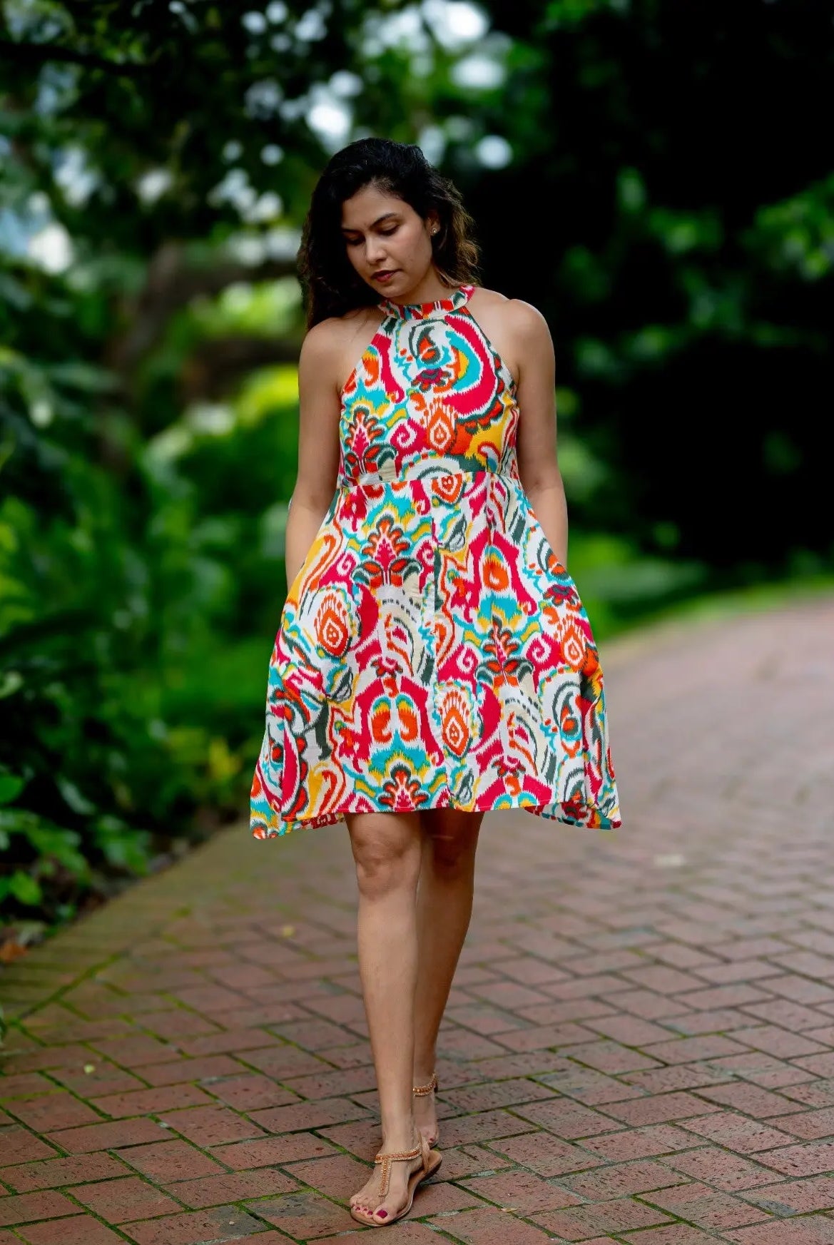 Hawaii Women's Short Halter Dress with Pockets in Multicolor Nimbu