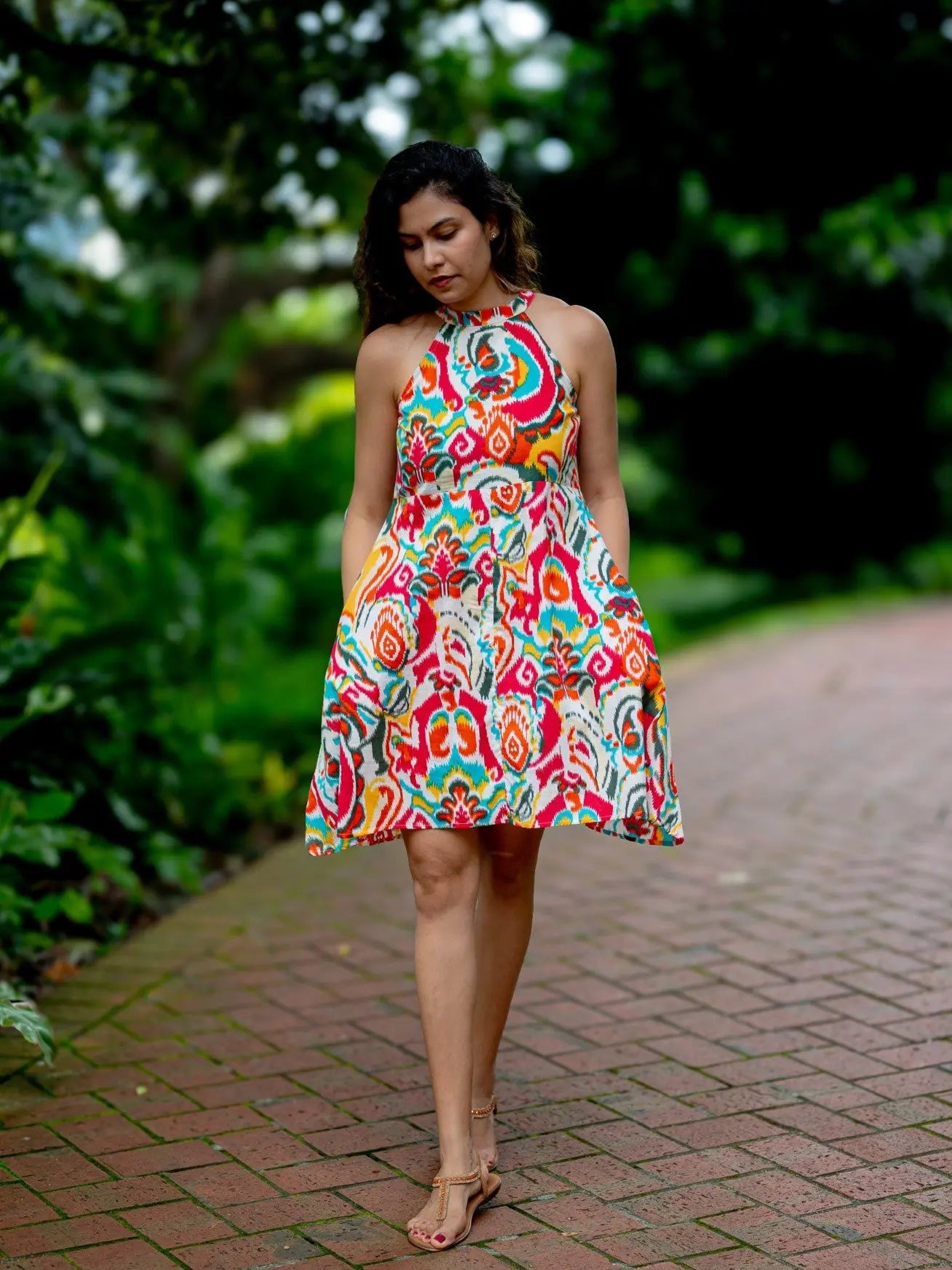 Hawaii Women's Short Halter Dress with Pockets in Multicolor Nimbu