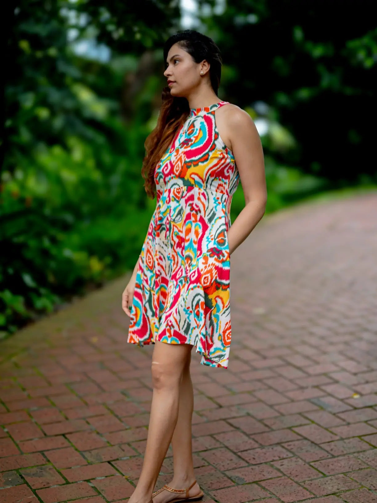 Hawaii Women's Short Halter Dress with Pockets in Multicolor Nimbu