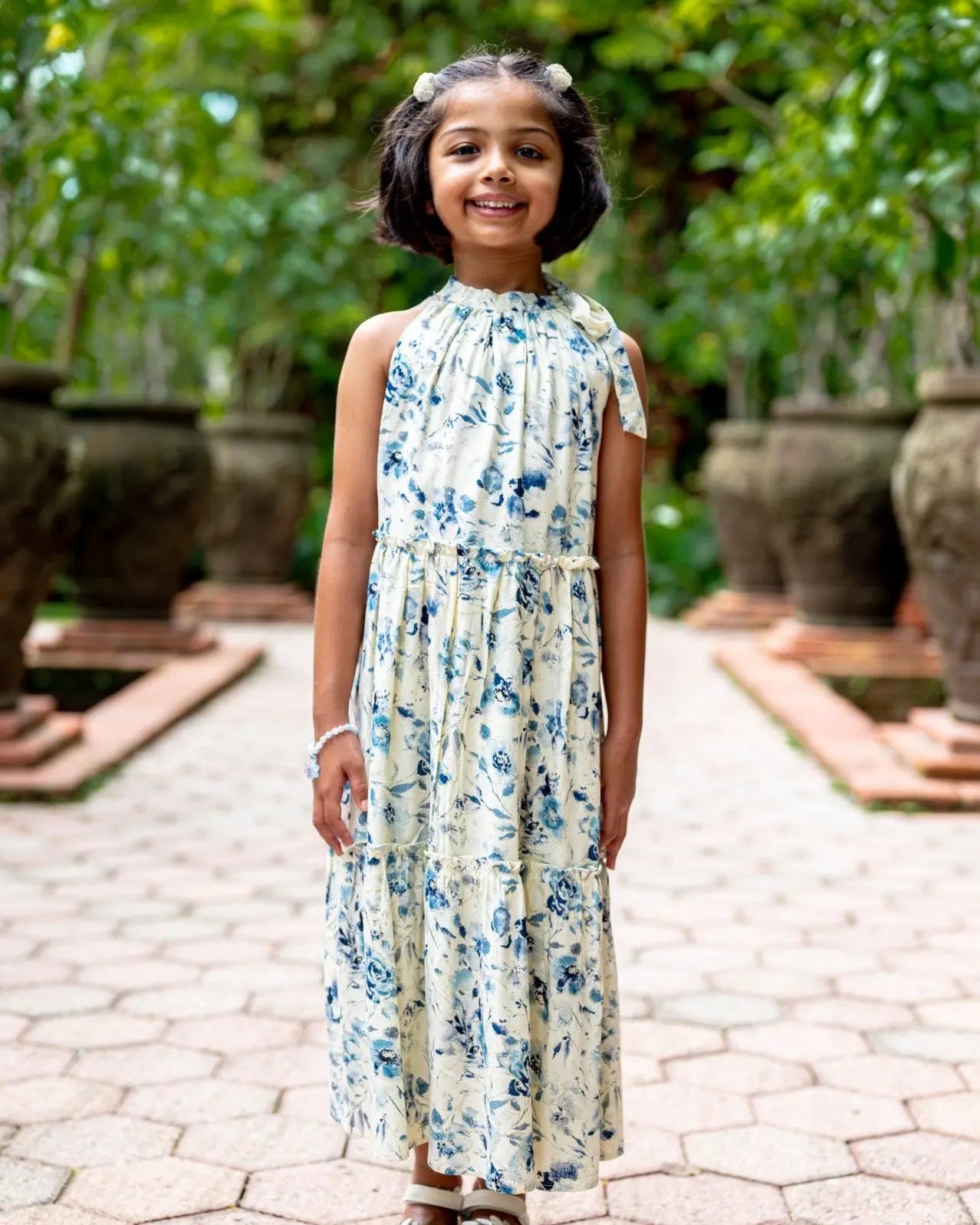 Elsa Girls Blue Flowy Dress in Muslin Cotton Nimbu