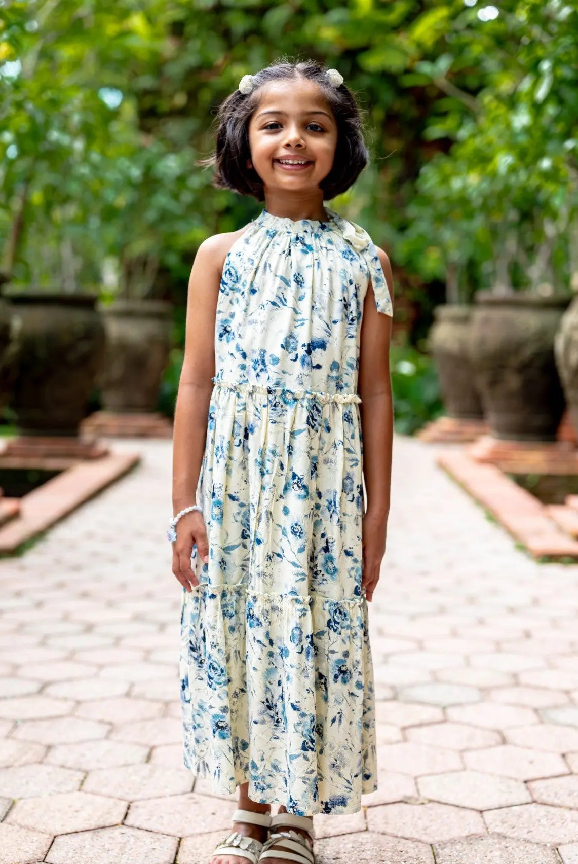 Elsa Girls Blue Flowy Dress in Muslin Cotton Nimbu