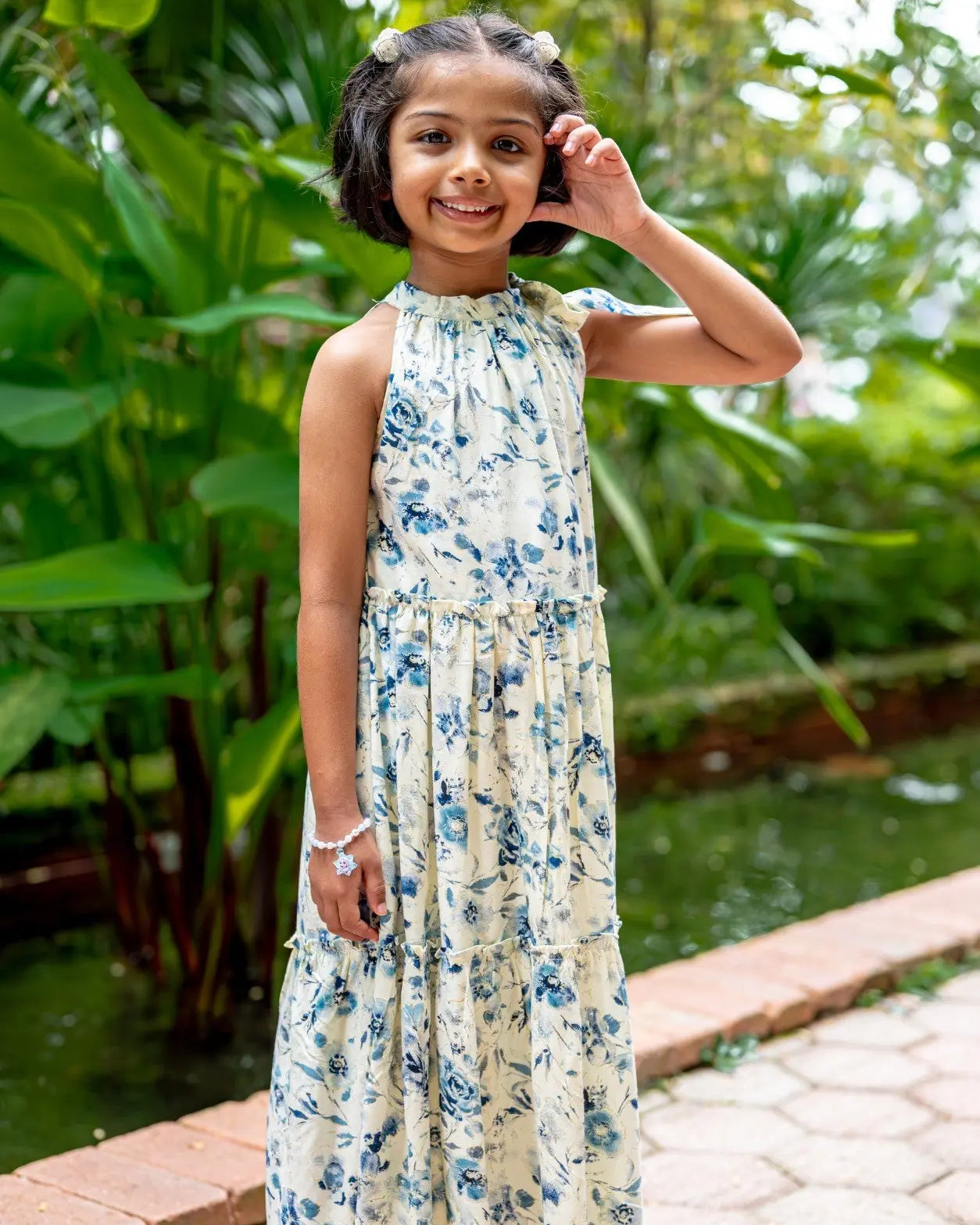 Elsa Girls Blue Flowy Dress in Muslin Cotton Nimbu