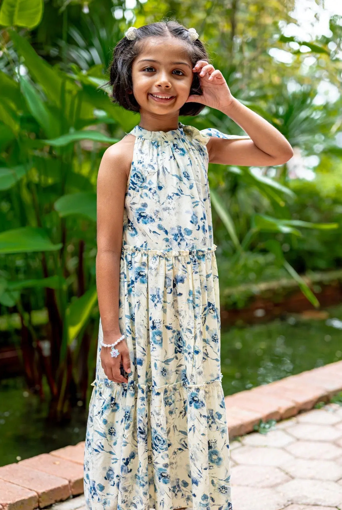 Elsa Girls Blue Flowy Dress in Muslin Cotton Nimbu