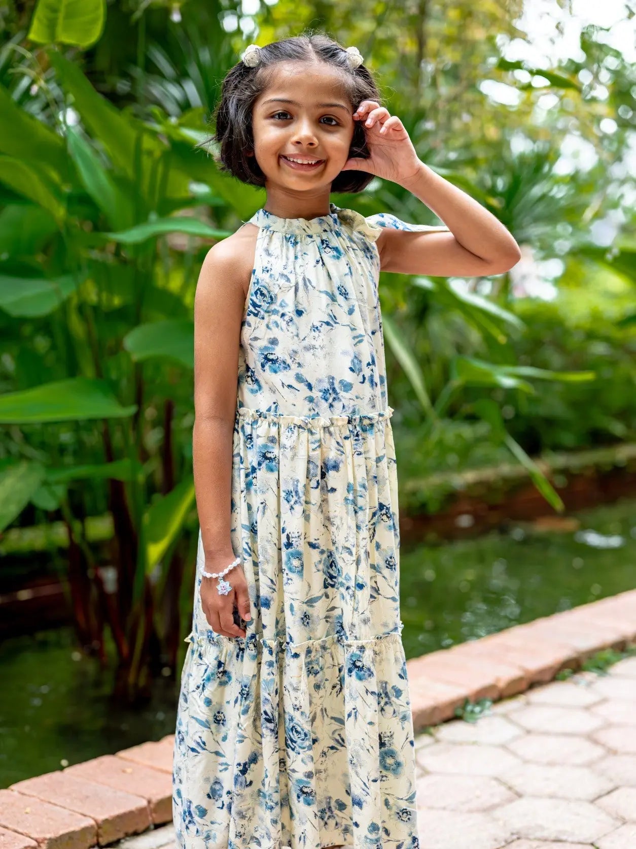 Elsa Girls Blue Flowy Dress in Muslin Cotton Nimbu