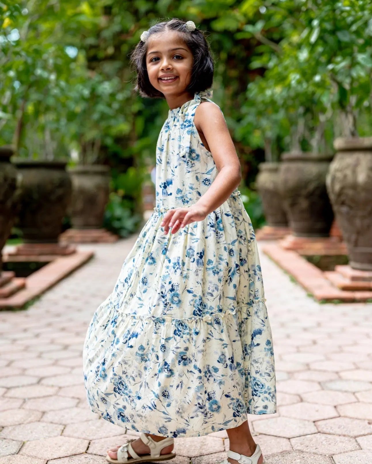 Elsa Girls Blue Flowy Dress in Muslin Cotton Nimbu