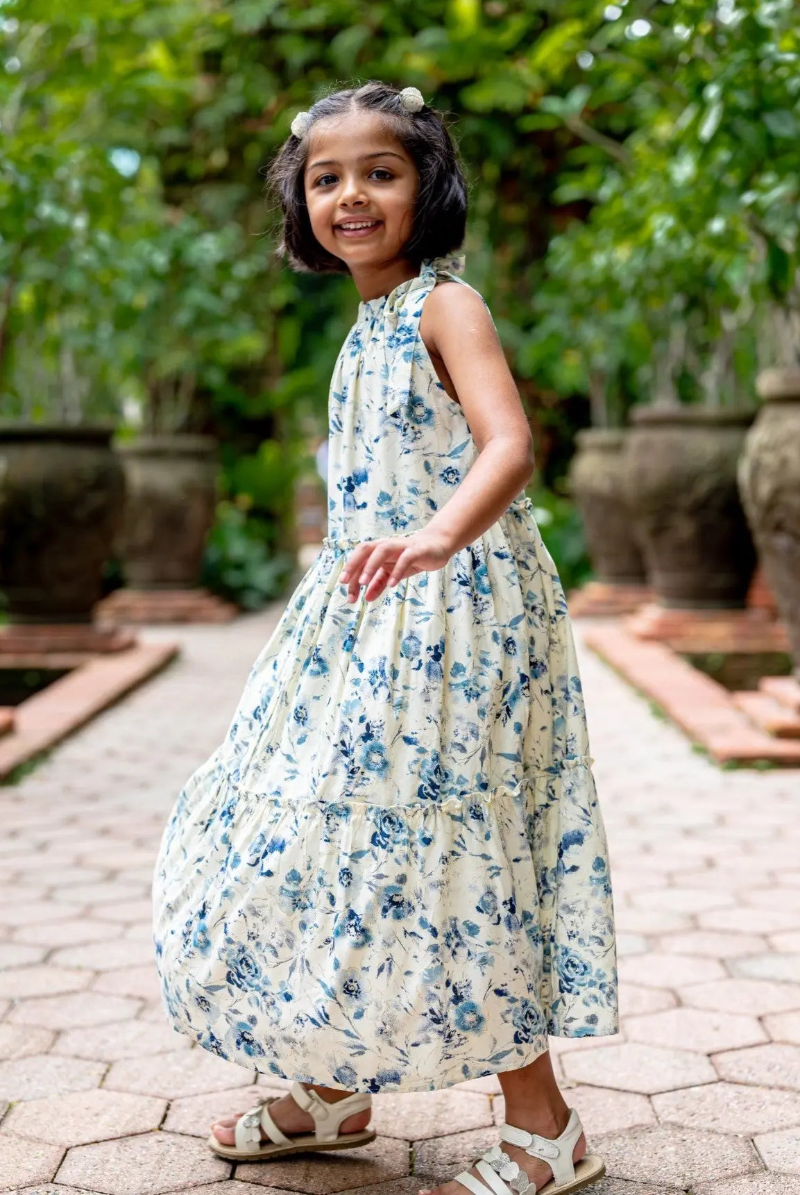 Elsa Girls Blue Flowy Dress in Muslin Cotton Nimbu