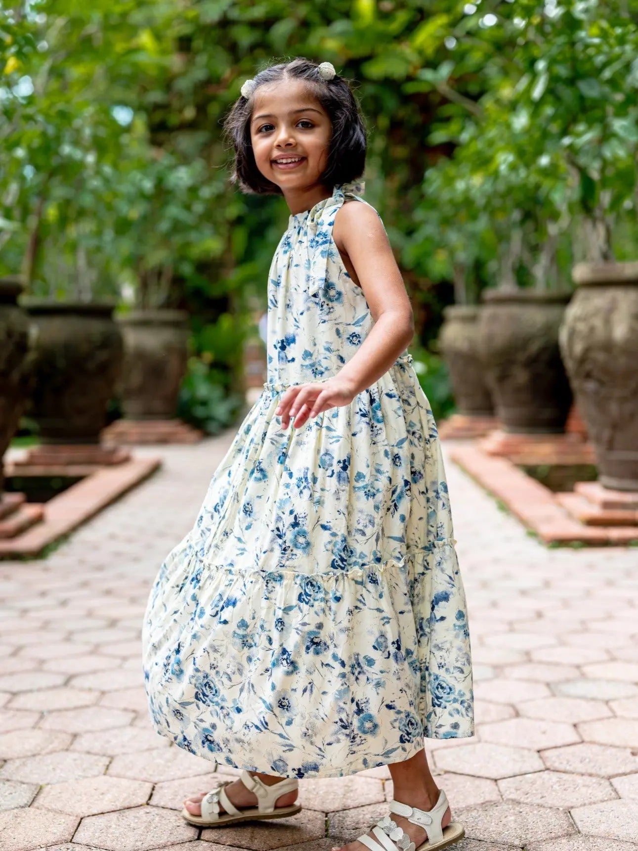 Elsa Girls Blue Flowy Dress in Muslin Cotton Nimbu