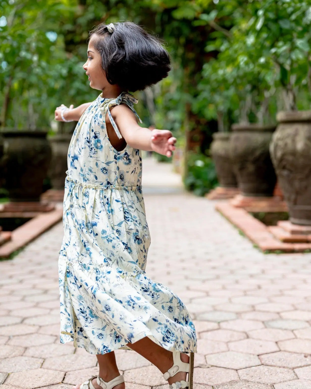 Elsa Girls Blue Flowy Dress in Muslin Cotton Nimbu