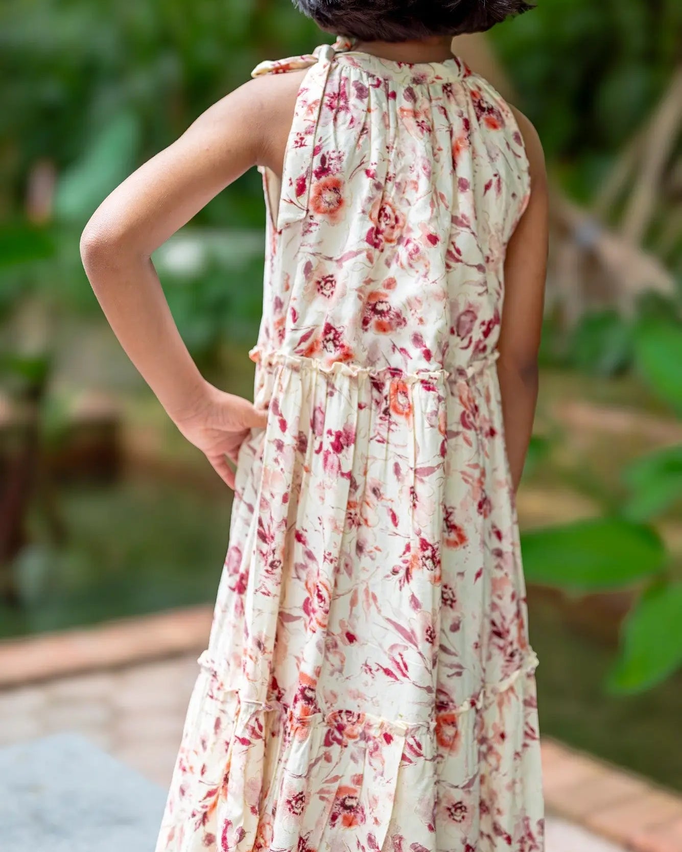 Elsa Girls Red Flowy Dress in Muslin Cotton Nimbu