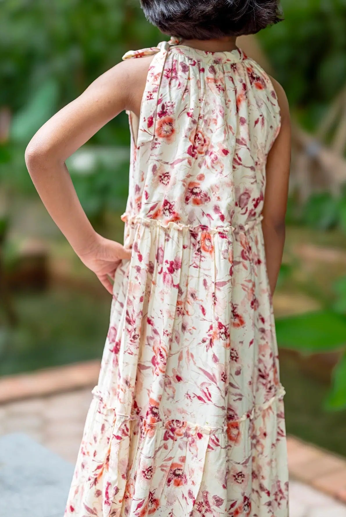 Elsa Girls Red Flowy Dress in Muslin Cotton Nimbu