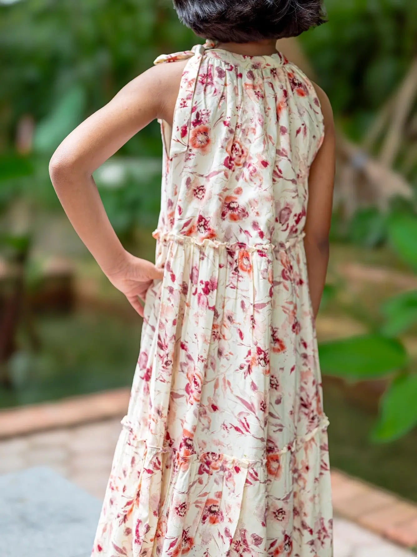 Elsa Girls Red Flowy Dress in Muslin Cotton Nimbu
