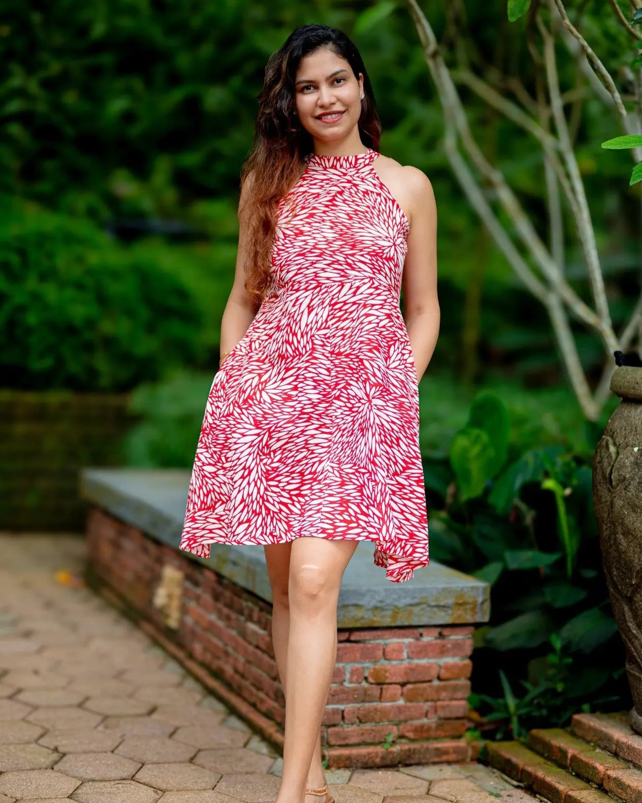 Singapore Short Halter Dress with Pockets in Red White Nimbu