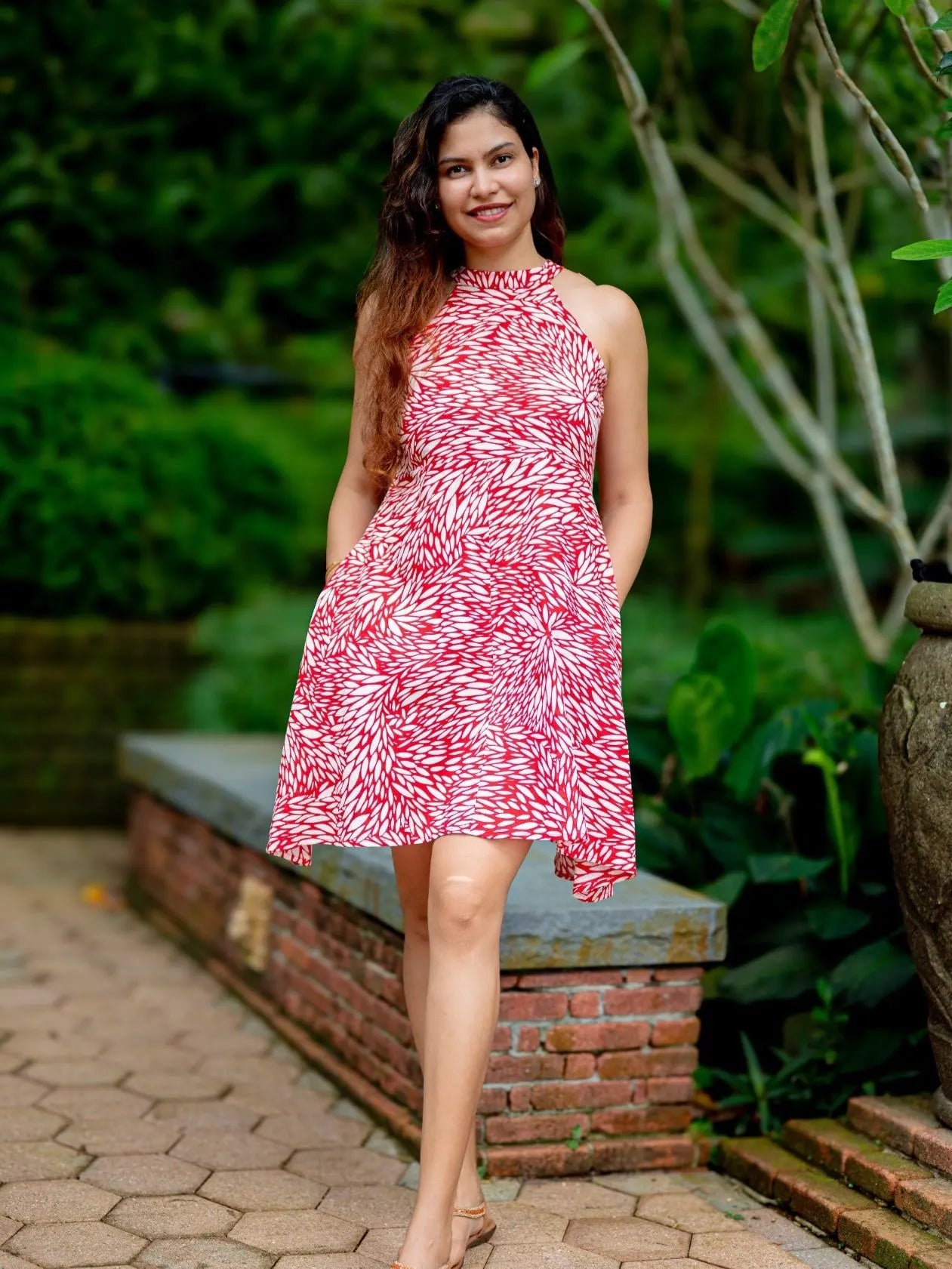 Singapore Short Halter Dress with Pockets in Red White Nimbu