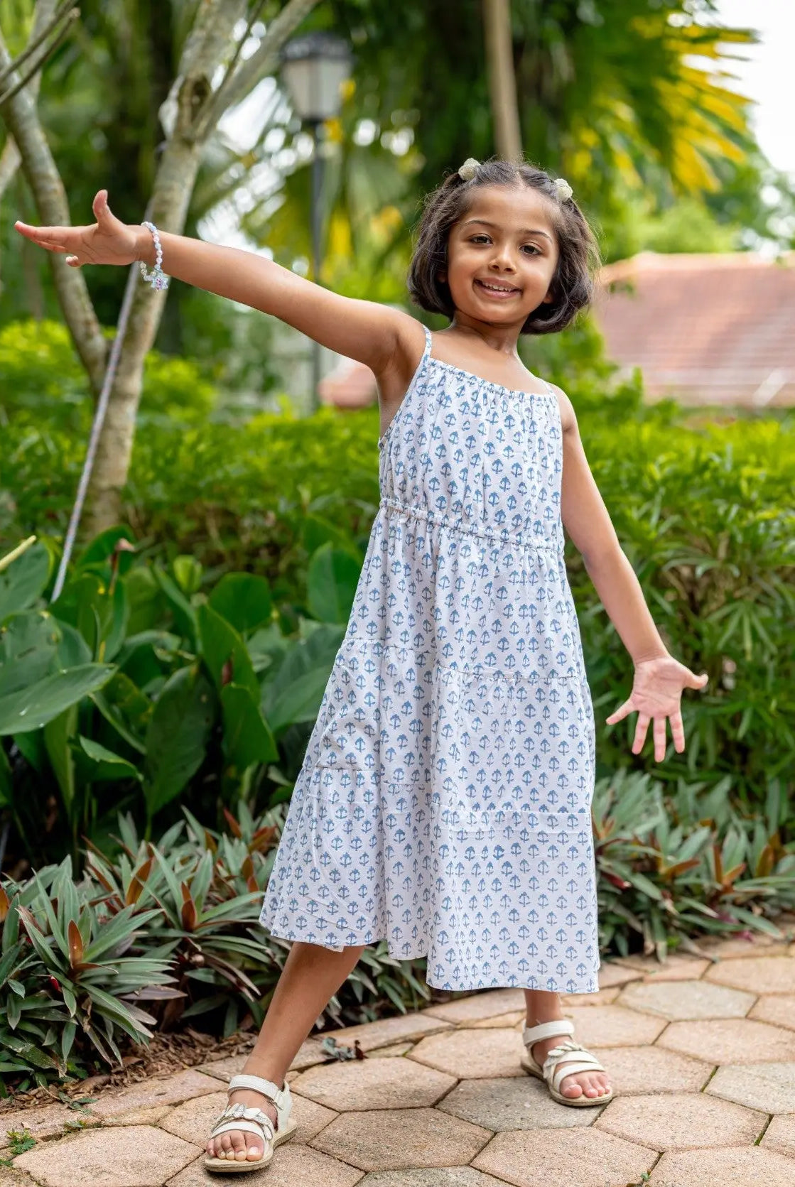 Sasha White Anchor Girls Long Dress in Cotton Nimbu